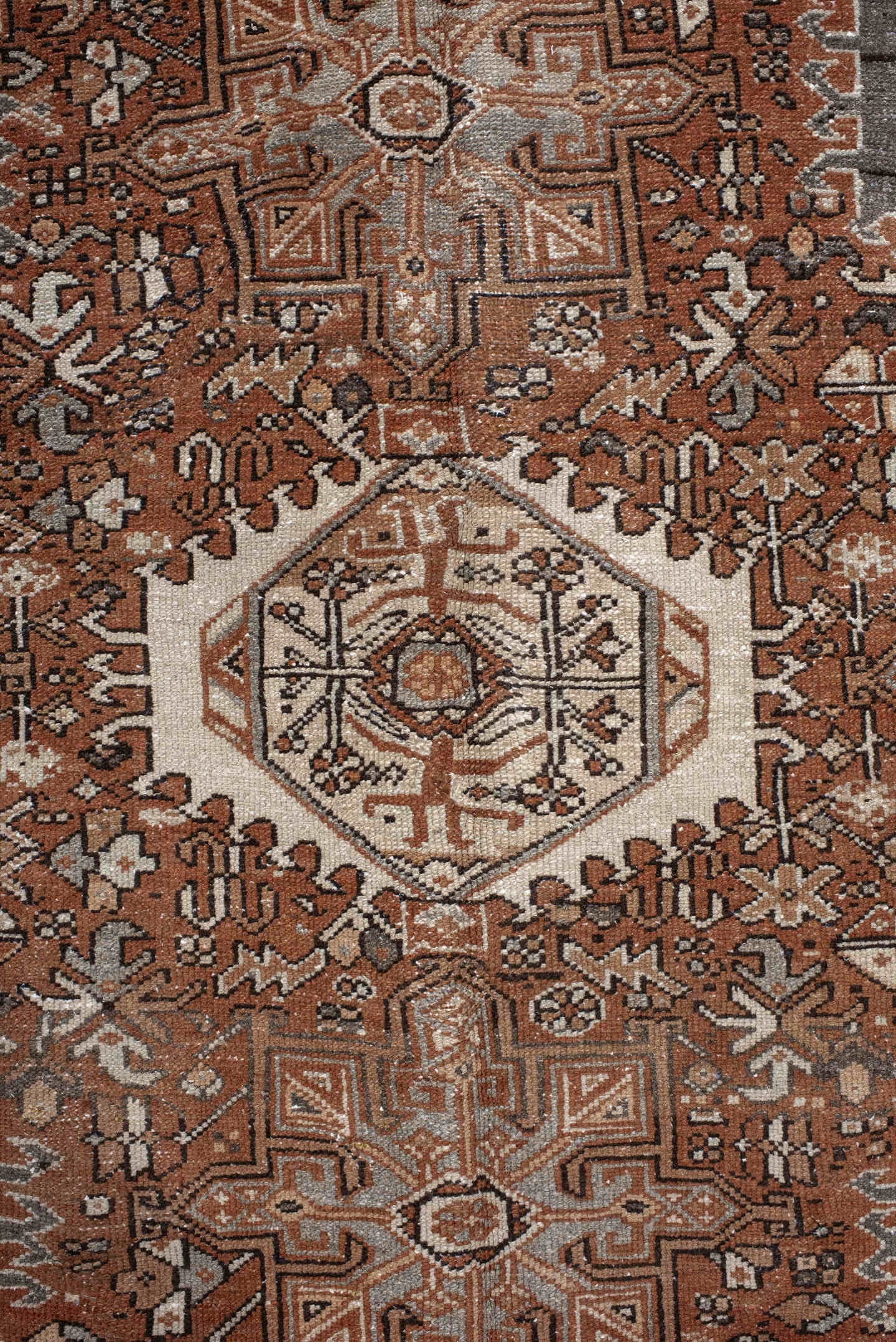 7' x 10' one-of-a-kind handmade vintage Karaje large size rug. Color palette: rust, brown, ivory, slate, taupe, camel
