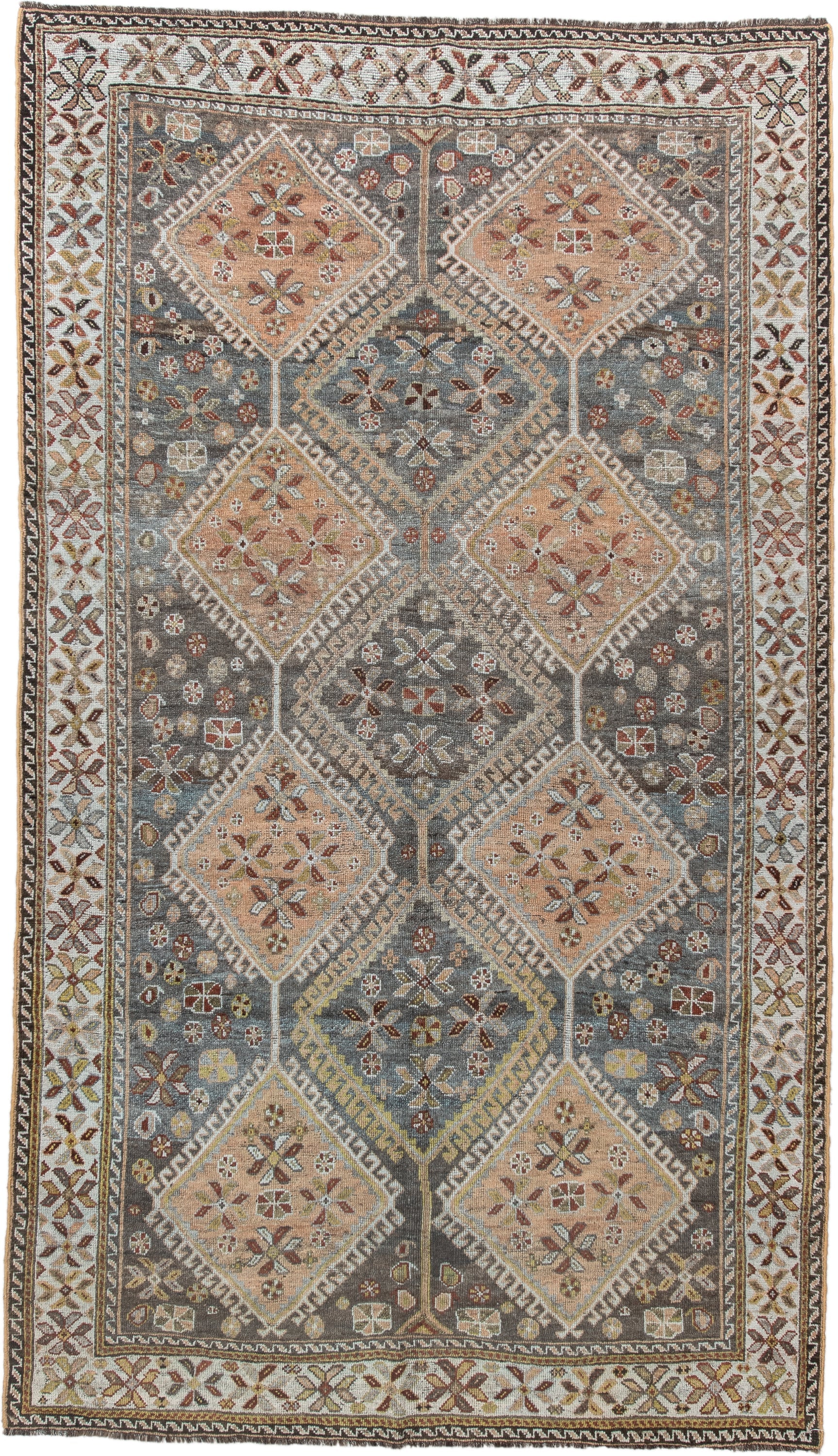 4' x 8' one-of-a-kind handmade vintage Shiraz rug. Color palette: slate, ivory, camel, taupe, rust, charcoal, sage, gold