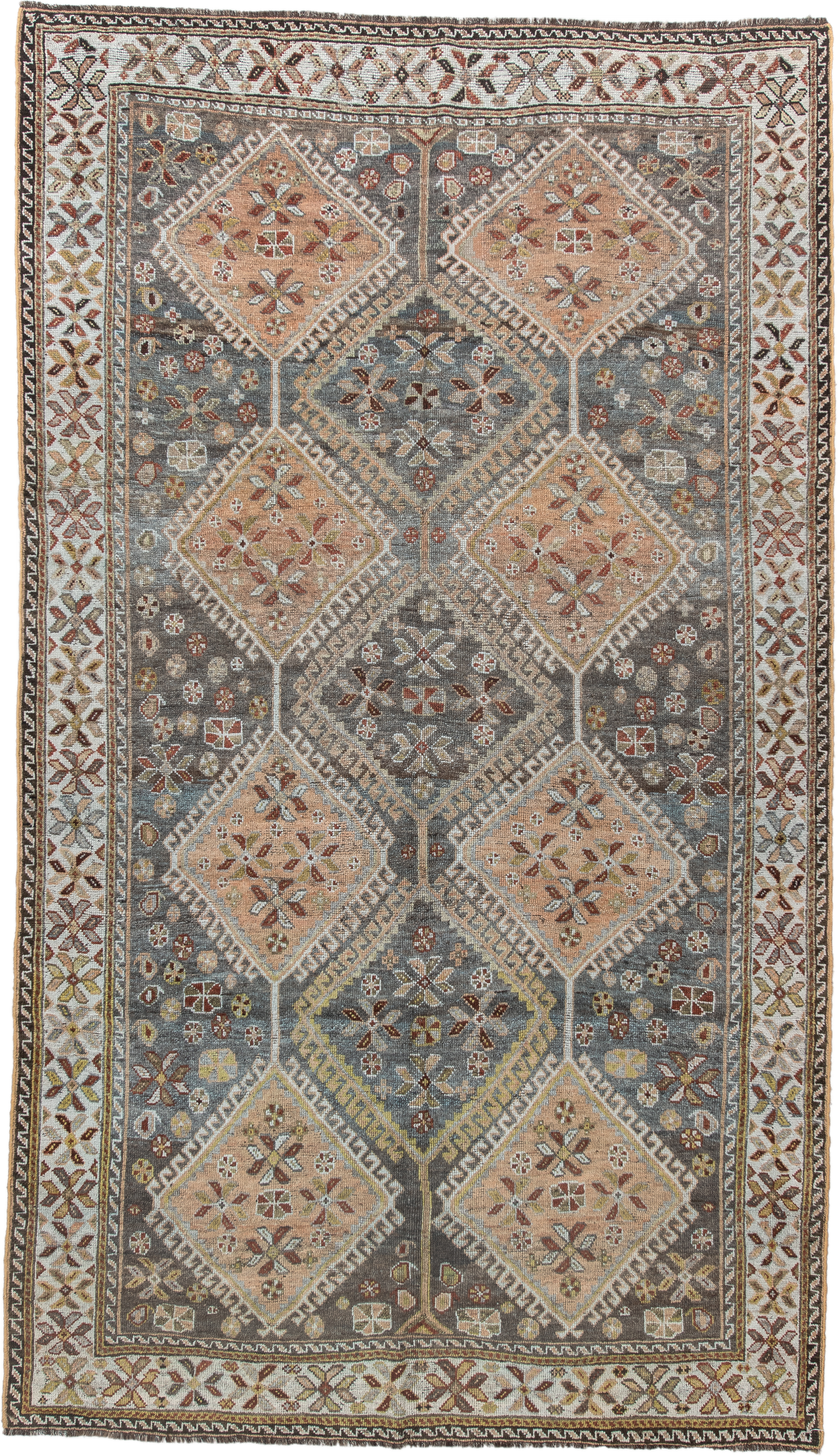 4' x 8' one-of-a-kind handmade vintage Shiraz rug. Color palette: slate, ivory, camel, taupe, rust, charcoal, sage, gold
