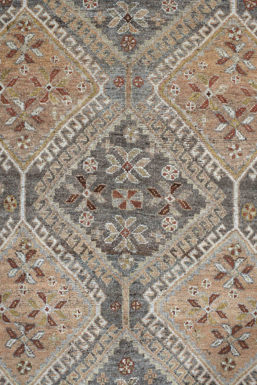 4' x 8' one-of-a-kind handmade vintage Shiraz rug. Color palette: slate, ivory, camel, taupe, rust, charcoal, sage, gold