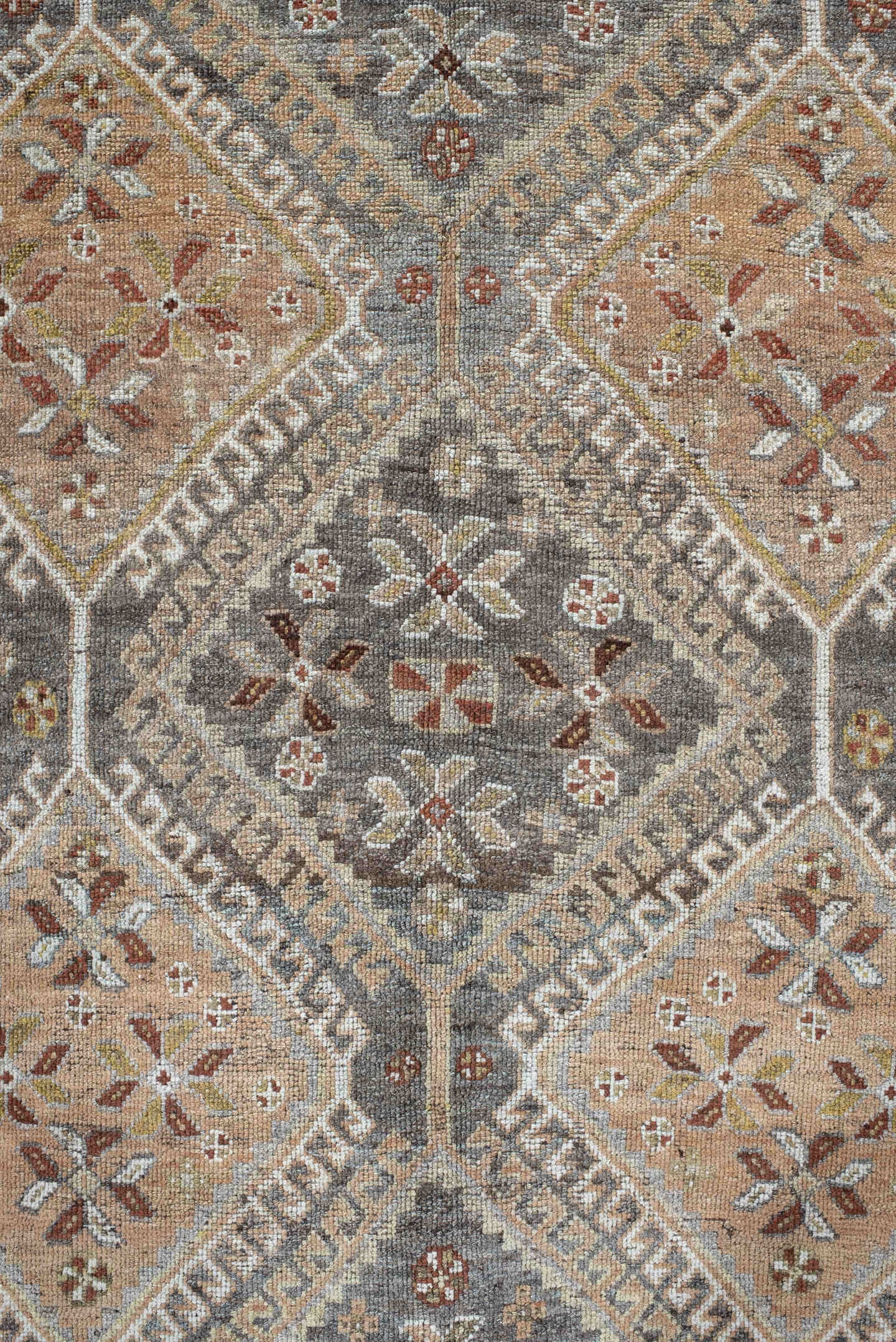 4' x 8' one-of-a-kind handmade vintage Shiraz rug. Color palette: slate, ivory, camel, taupe, rust, charcoal, sage, gold