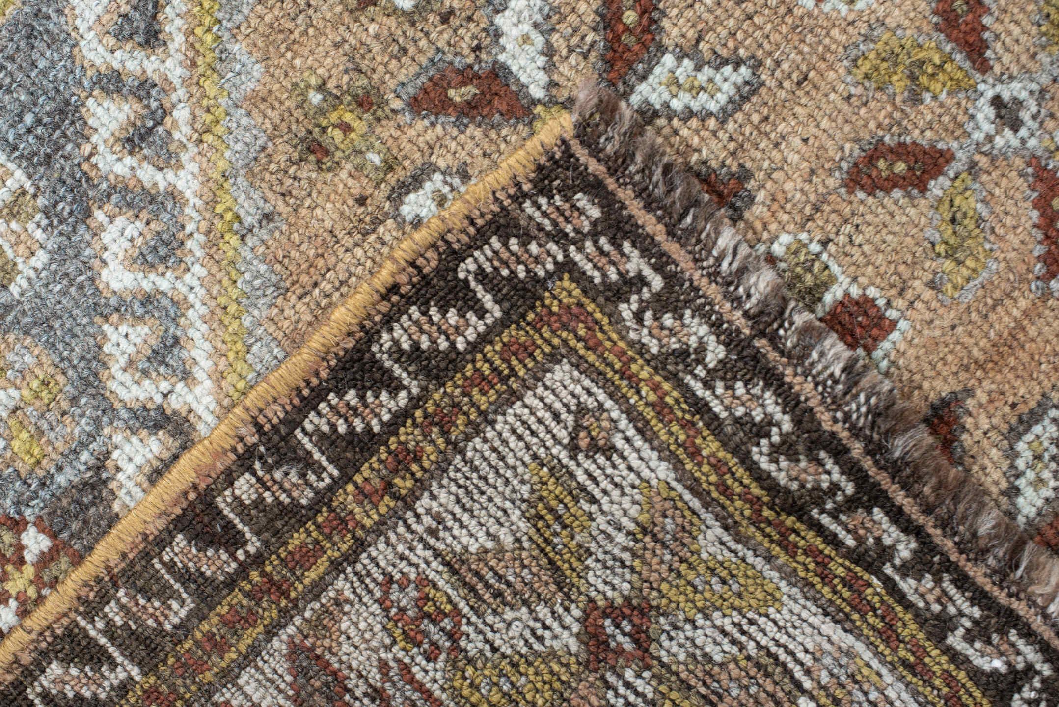 4' x 8' one-of-a-kind handmade vintage Shiraz rug. Color palette: slate, ivory, camel, taupe, rust, charcoal, sage, gold