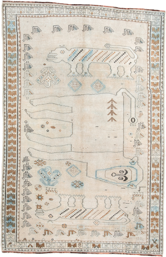 4' x 6' one-of-a-kind handmade vintage Gabbe small size rug. Color palette: ivory, camel, sky blue, brown, taupe, charcoal