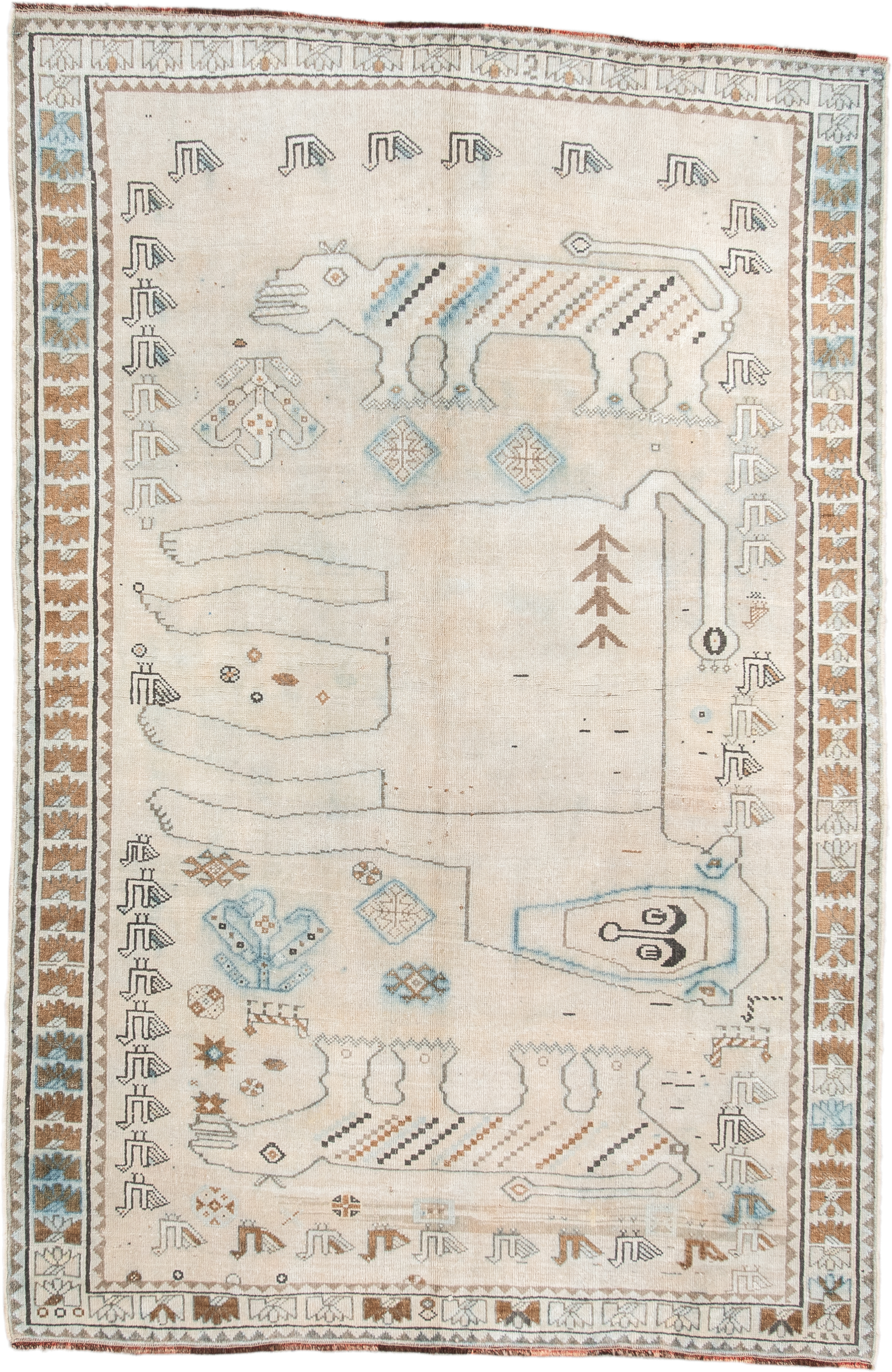 4' x 6' one-of-a-kind handmade vintage Gabbe small size rug. Color palette: ivory, camel, sky blue, brown, taupe, charcoal
