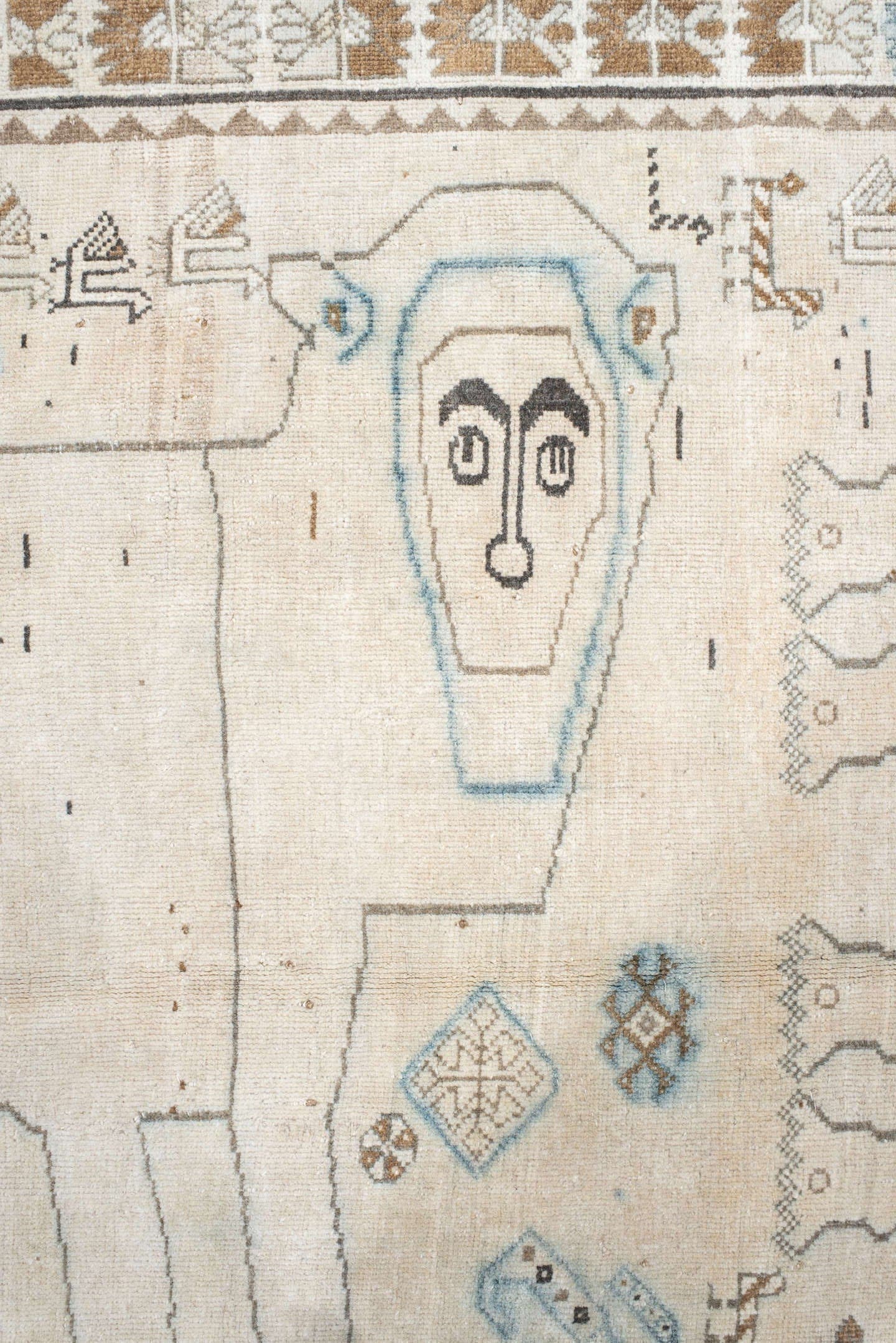 4' x 6' one-of-a-kind handmade vintage Gabbe small size rug. Color palette: ivory, camel, sky blue, brown, taupe, charcoal