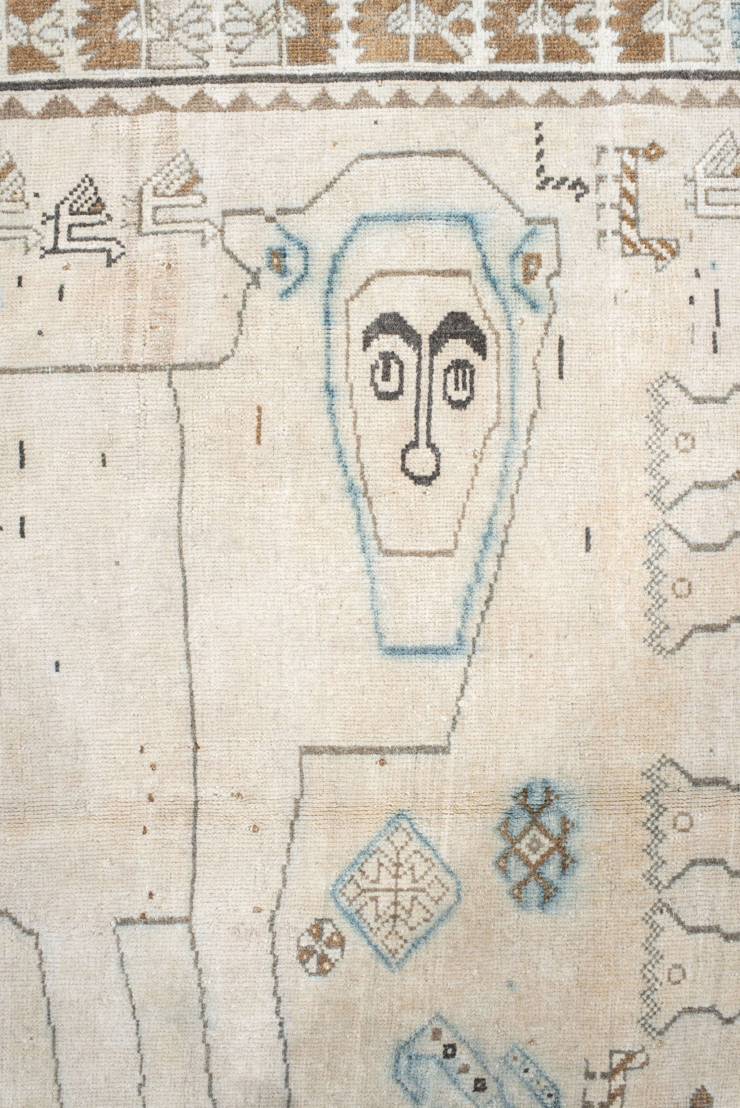 4' x 6' one-of-a-kind handmade vintage Gabbe small size rug. Color palette: ivory, camel, sky blue, brown, taupe, charcoal