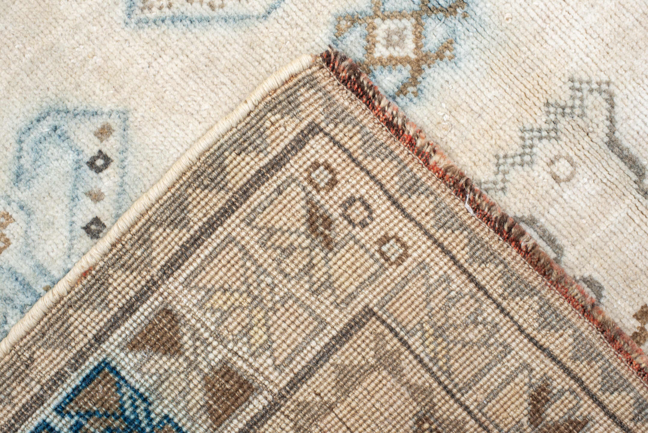 4' x 6' one-of-a-kind handmade vintage Gabbe small size rug. Color palette: ivory, camel, sky blue, brown, taupe, charcoal