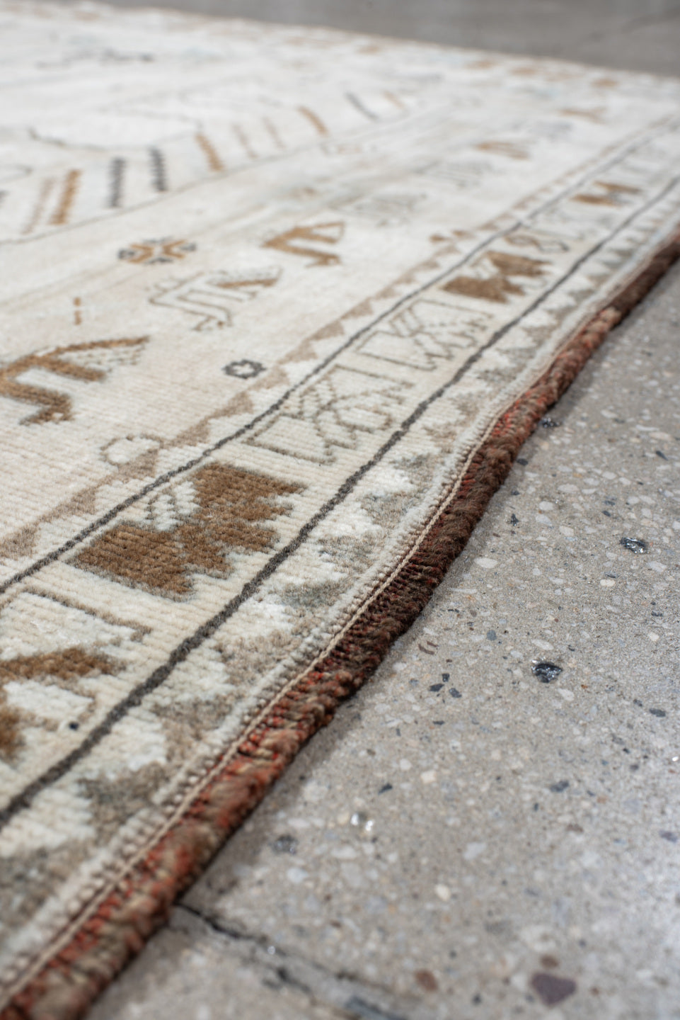 4' x 6' one-of-a-kind handmade vintage Gabbe small size rug. Color palette: ivory, camel, sky blue, brown, taupe, charcoal