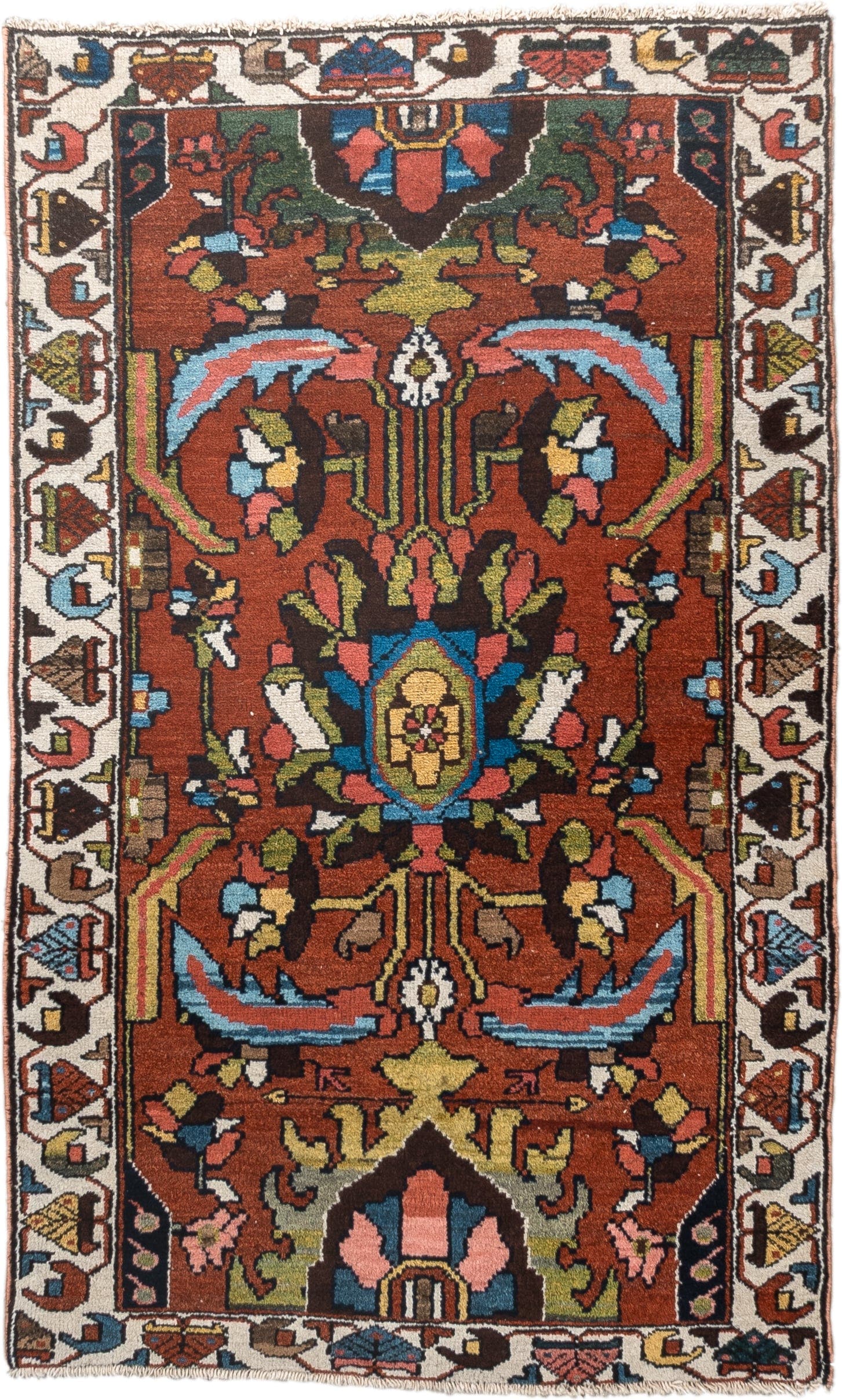 2' x 4' one-of-a-kind handmade vintage Hamadan small size rug. Color palette: rust, ivory, sky blue, charcoal, olive, rose
