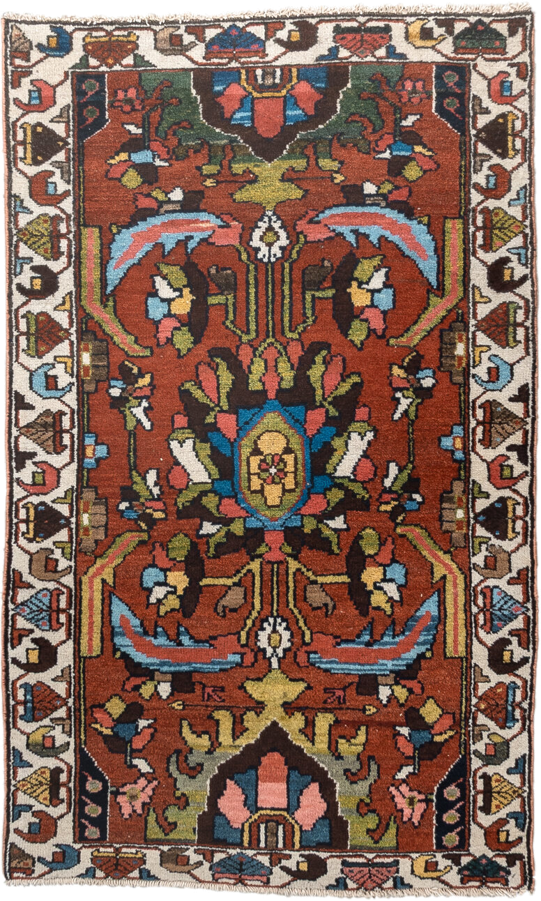 2' x 4' one-of-a-kind handmade vintage Hamadan small size rug. Color palette: rust, ivory, sky blue, charcoal, olive, rose