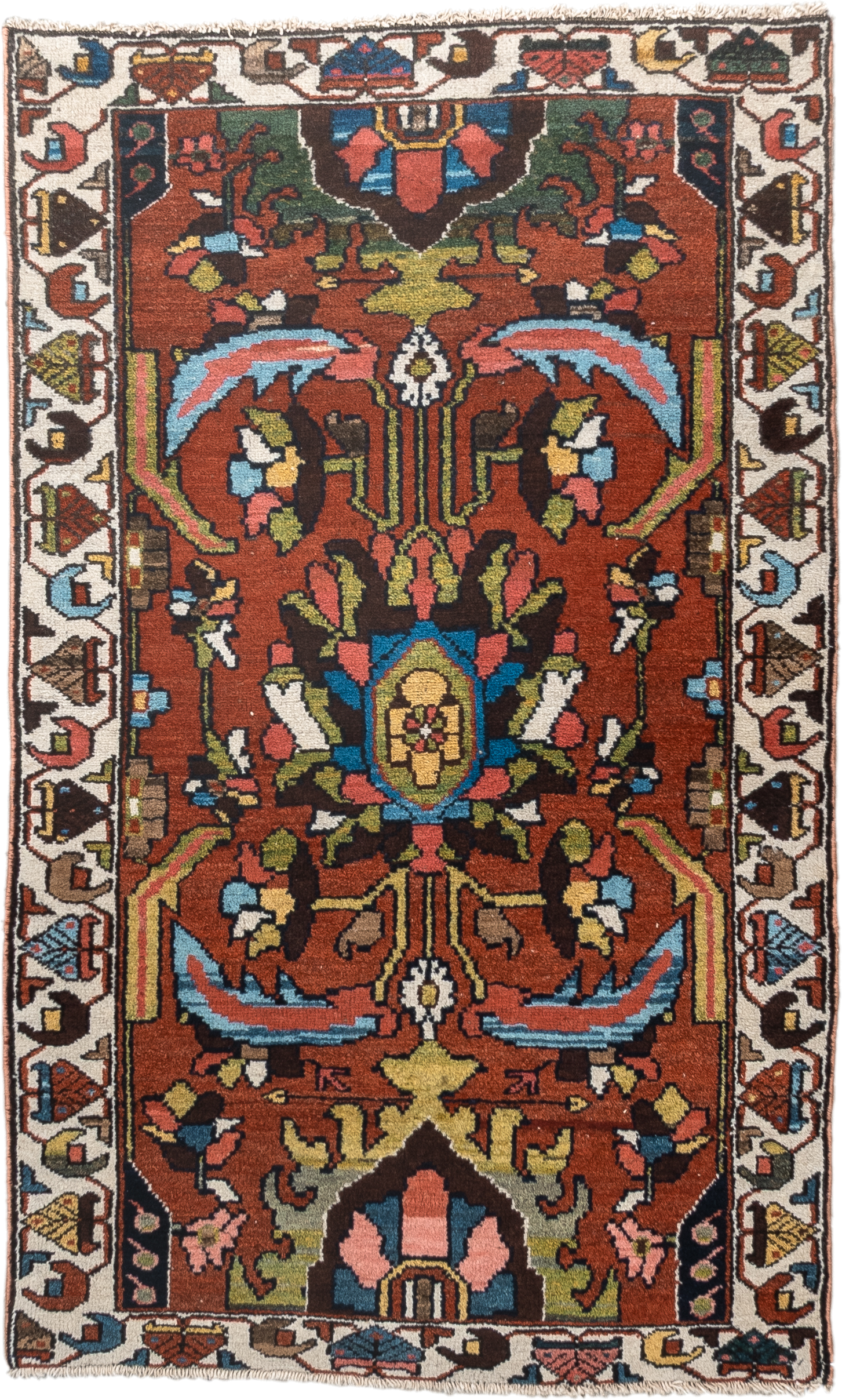 2' x 4' one-of-a-kind handmade vintage Hamadan small size rug. Color palette: rust, ivory, sky blue, charcoal, olive, rose