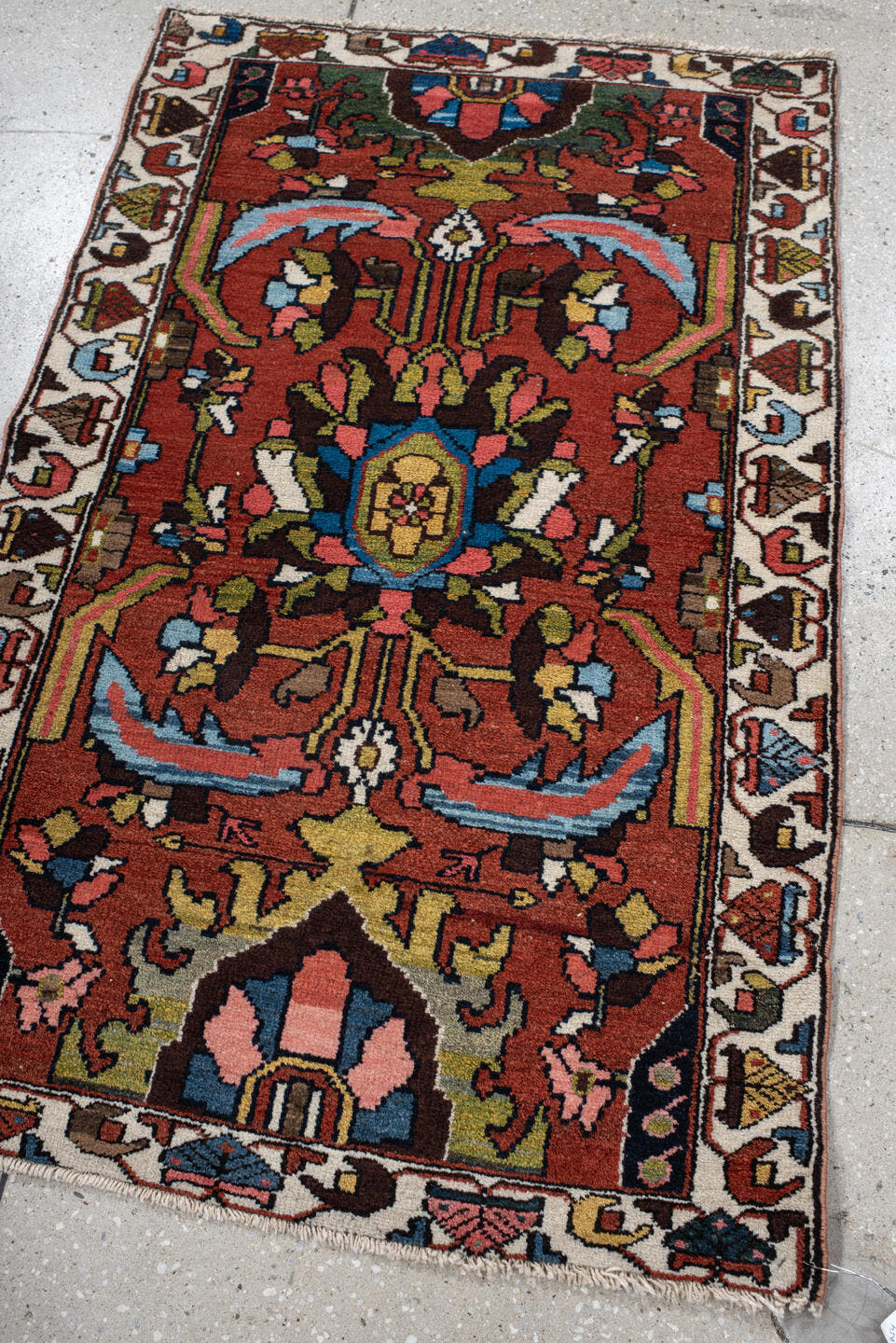 2' x 4' one-of-a-kind handmade vintage Hamadan small size rug. Color palette: rust, ivory, sky blue, charcoal, olive, rose