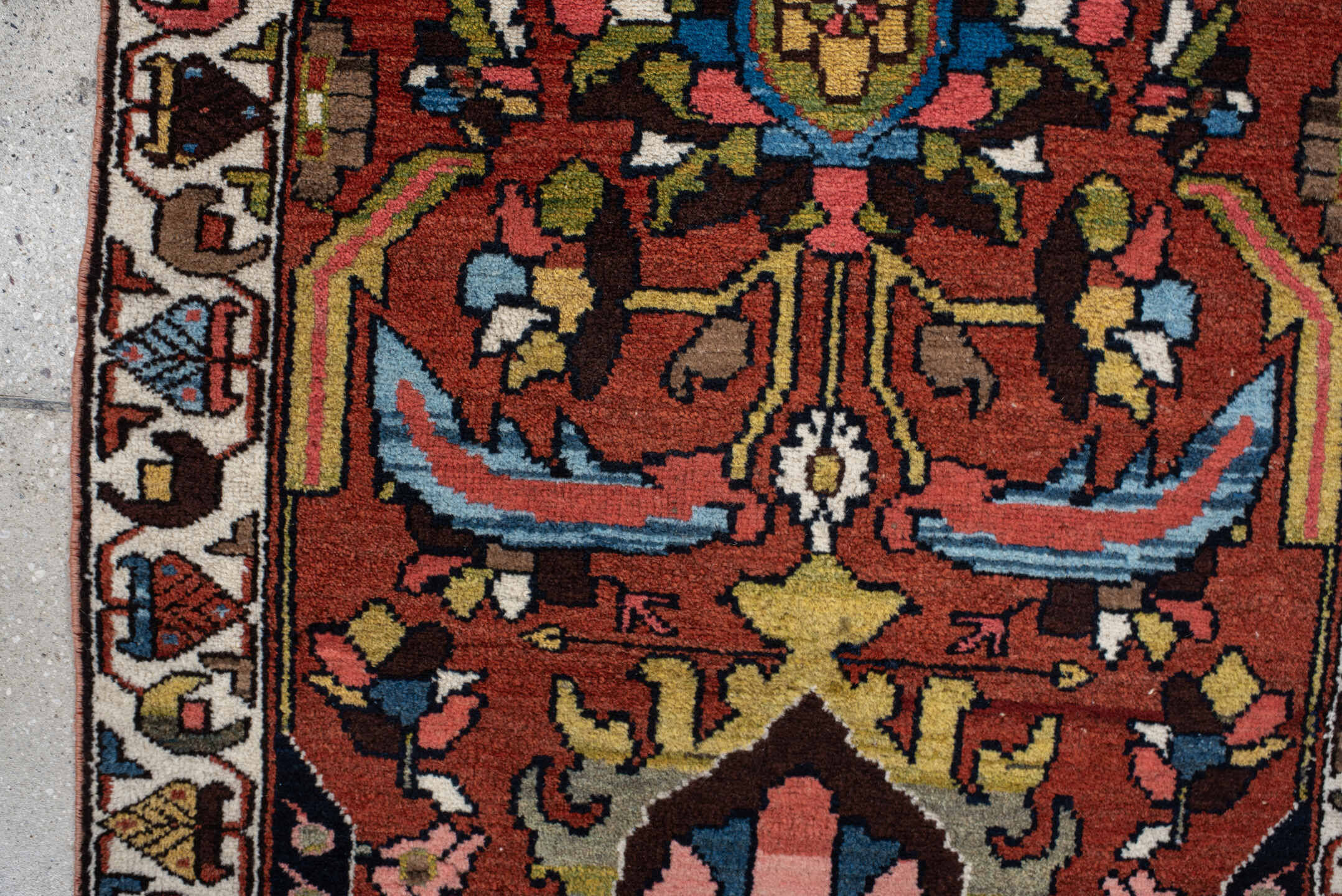 2' x 4' one-of-a-kind handmade vintage Hamadan small size rug. Color palette: rust, ivory, sky blue, charcoal, olive, rose