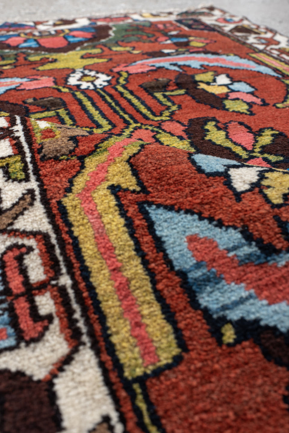 2' x 4' one-of-a-kind handmade vintage Hamadan small size rug. Color palette: rust, ivory, sky blue, charcoal, olive, rose