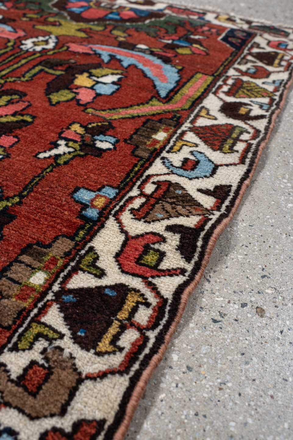 2' x 4' one-of-a-kind handmade vintage Hamadan small size rug. Color palette: rust, ivory, sky blue, charcoal, olive, rose