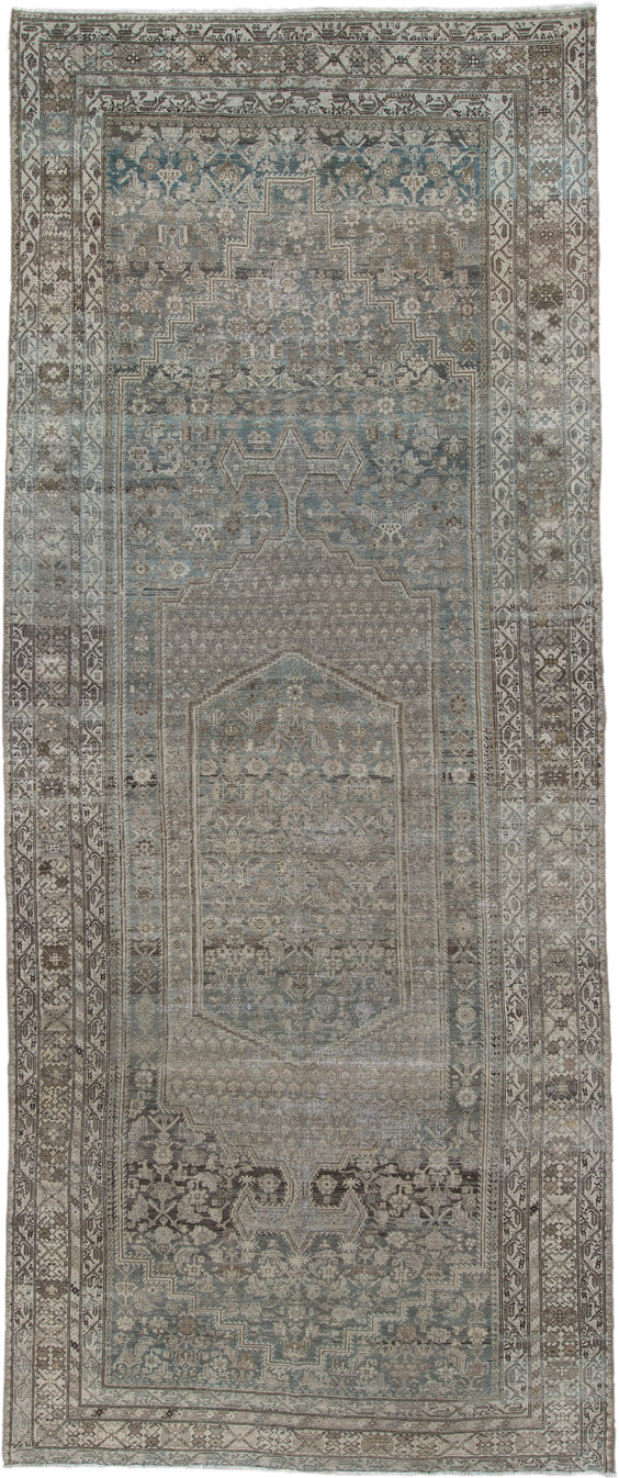 6' x 16' one-of-a-kind handmade vintage Malayer rug. Color palette: taupe, slate, ivory, charcoal, pale blue, greige, beige