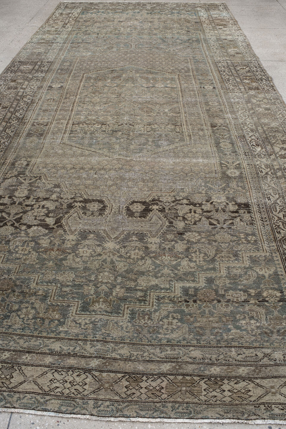 6' x 16' one-of-a-kind handmade vintage Malayer rug. Color palette: taupe, slate, ivory, charcoal, pale blue, greige, beige