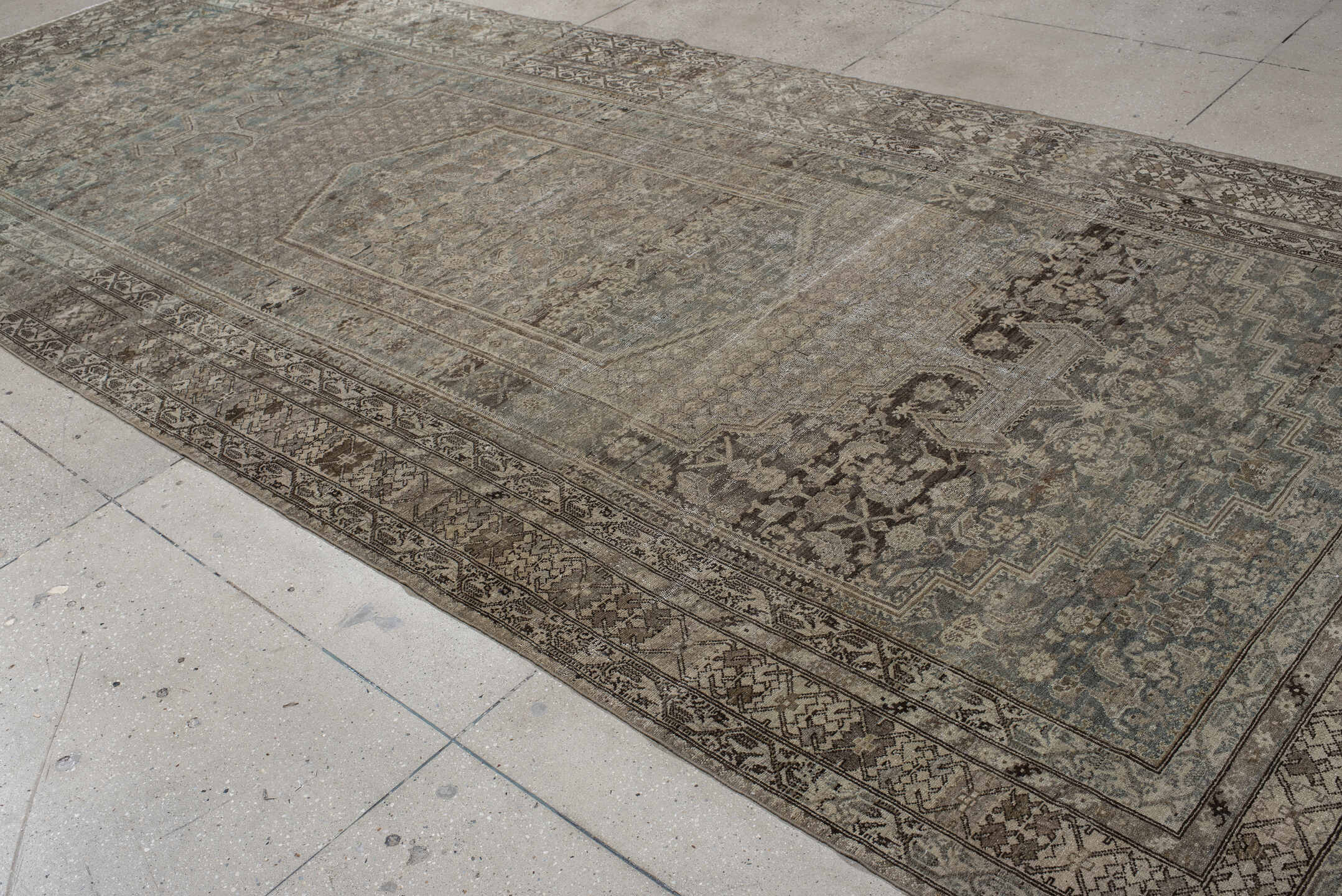 6' x 16' one-of-a-kind handmade vintage Malayer rug. Color palette: taupe, slate, ivory, charcoal, pale blue, greige, beige