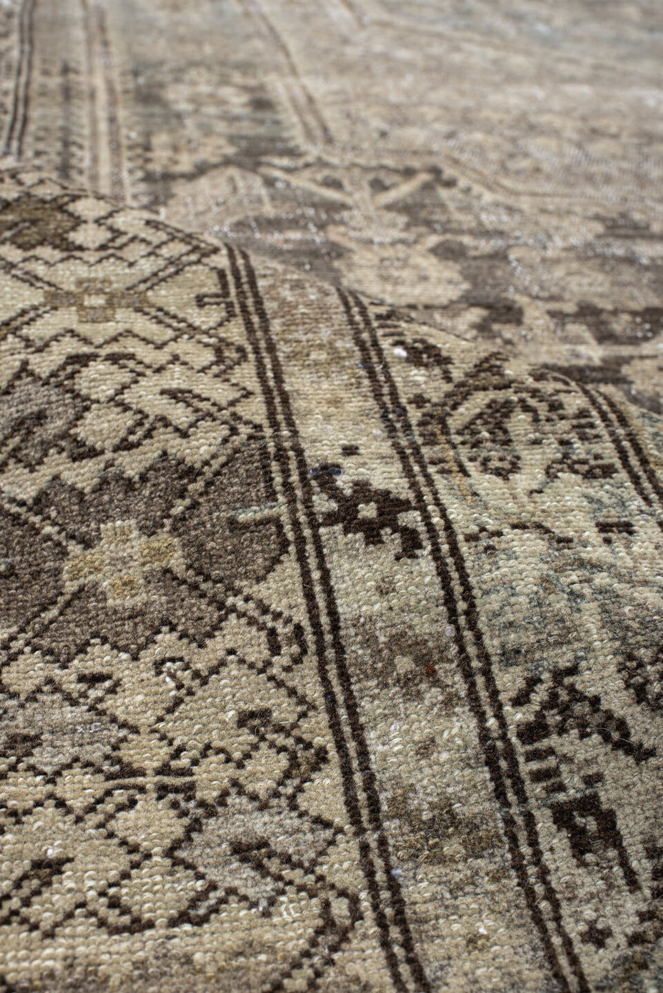 6' x 16' one-of-a-kind handmade vintage Malayer rug. Color palette: taupe, slate, ivory, charcoal, pale blue, greige, beige