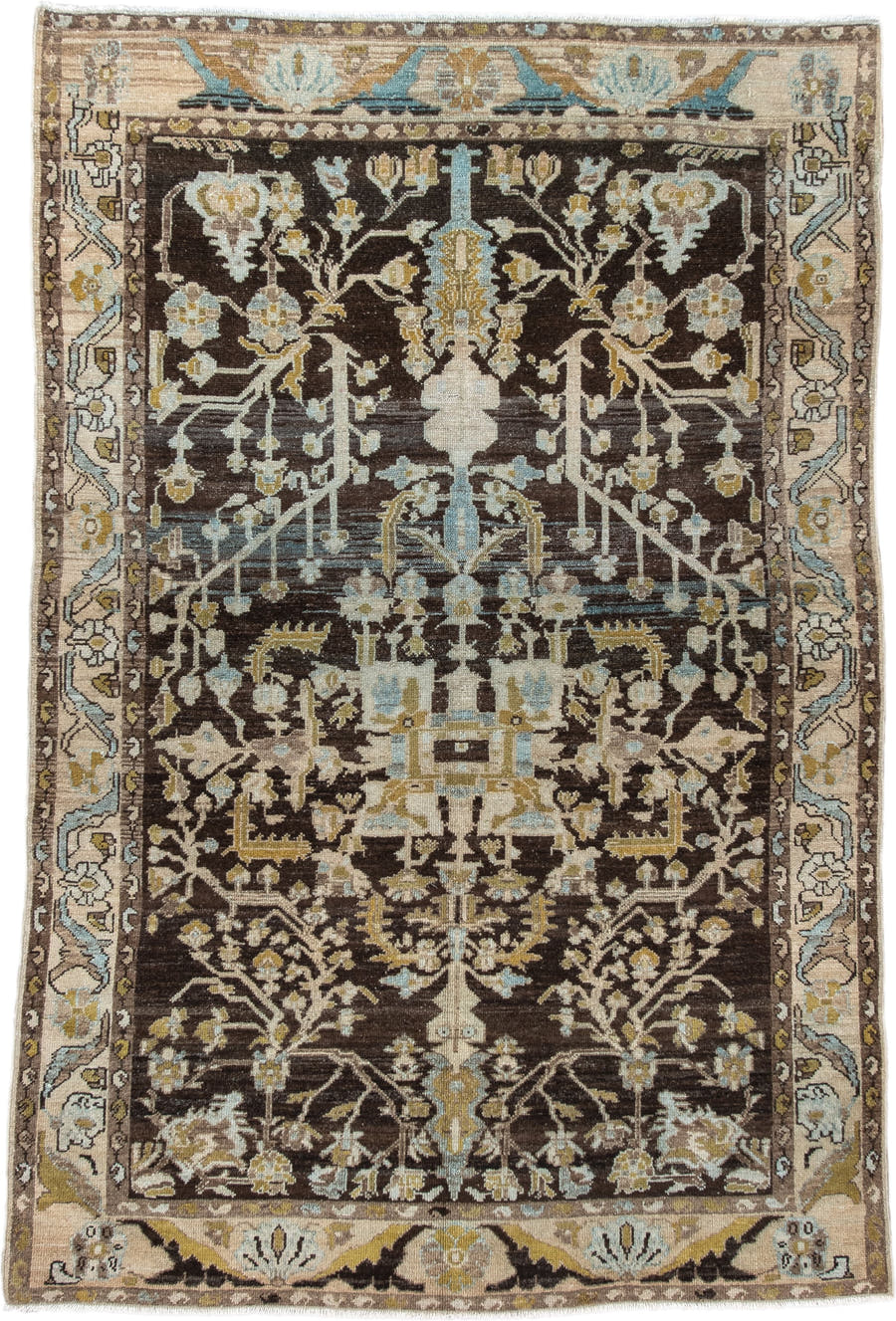 4' x 6' one-of-a-kind handmade vintage Malayer small size rug. Color palette: brown, ivory, pale blue, gold, taupe, camel