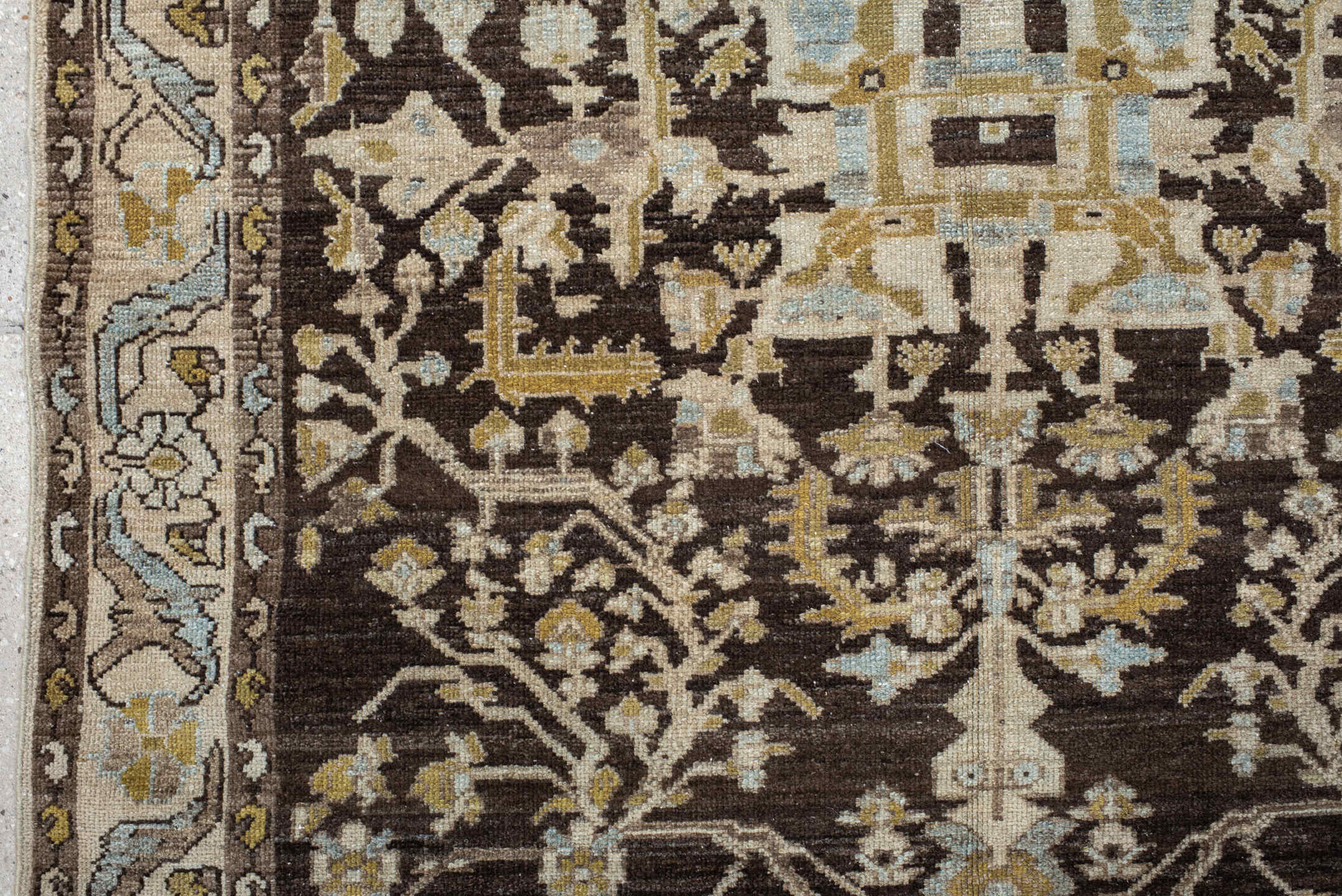 4' x 6' one-of-a-kind handmade vintage Malayer small size rug. Color palette: brown, ivory, pale blue, gold, taupe, camel