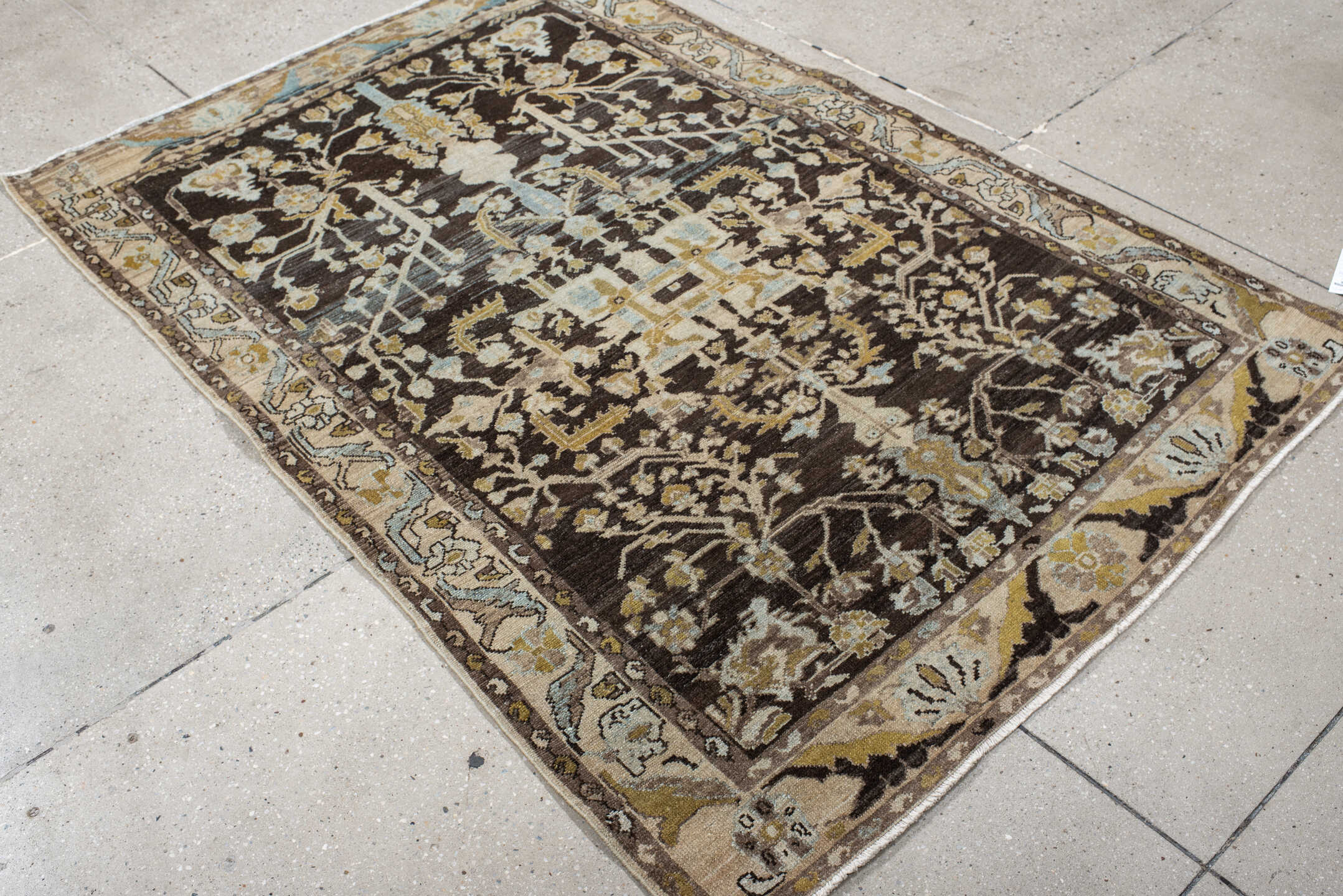 4' x 6' one-of-a-kind handmade vintage Malayer small size rug. Color palette: brown, ivory, pale blue, gold, taupe, camel