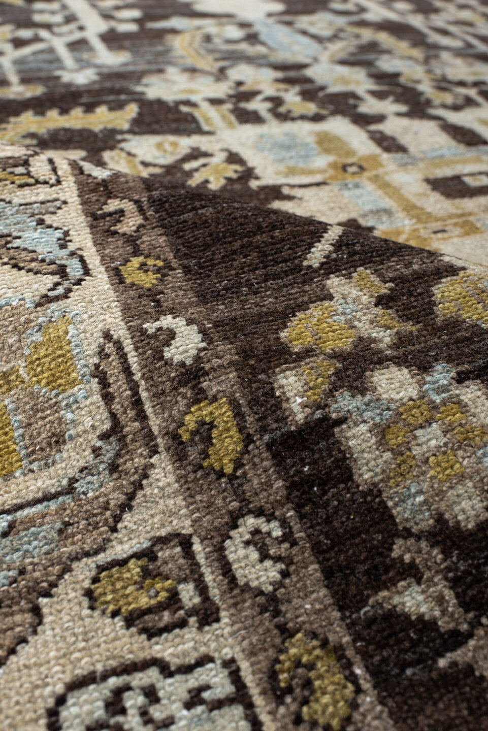 4' x 6' one-of-a-kind handmade vintage Malayer small size rug. Color palette: brown, ivory, pale blue, gold, taupe, camel