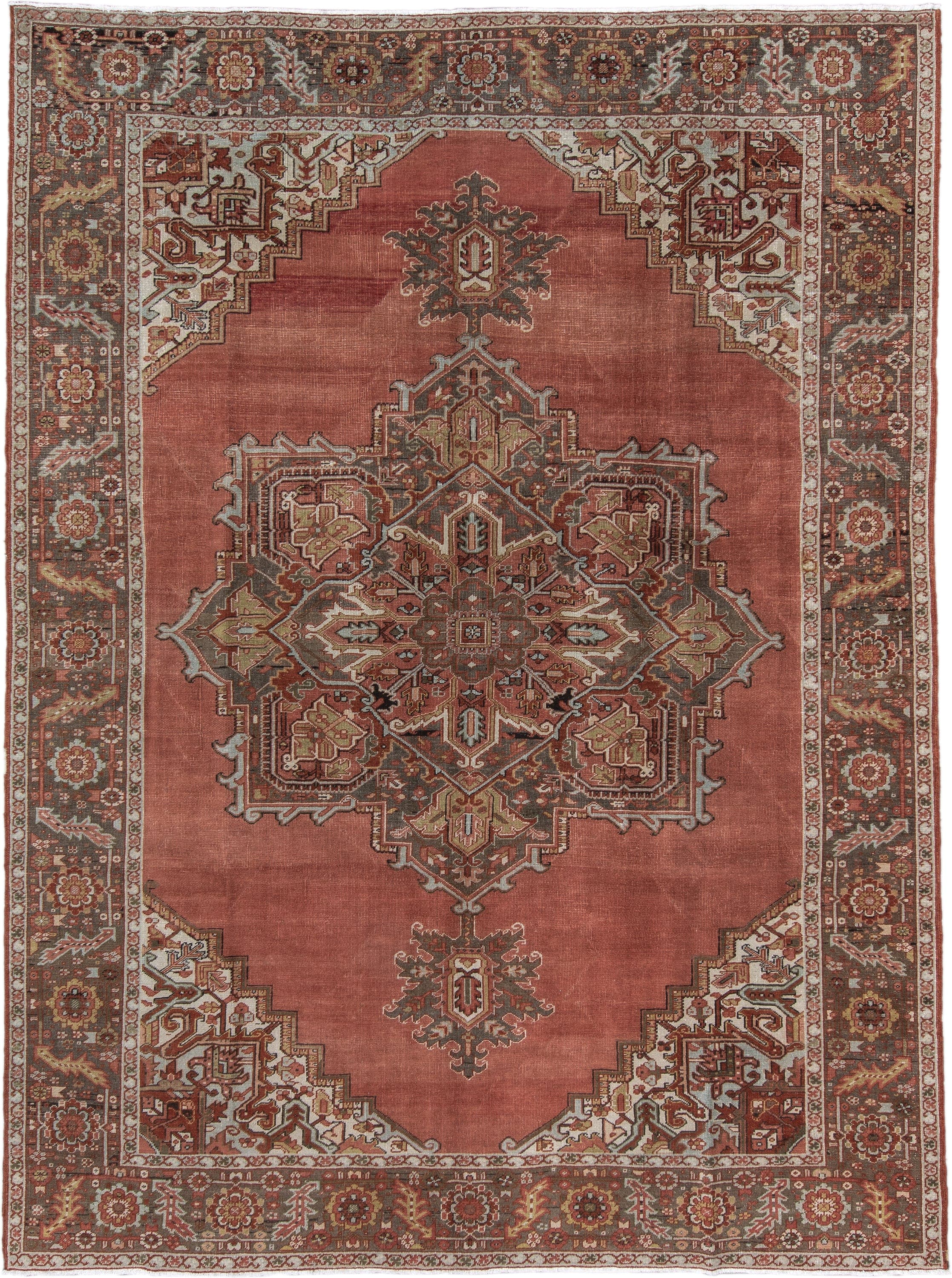 8' x 11' one-of-a-kind handmade antique Heriz large size rug. Color palette: terra cotta, ivory, charcoal, rust, sage, taupe