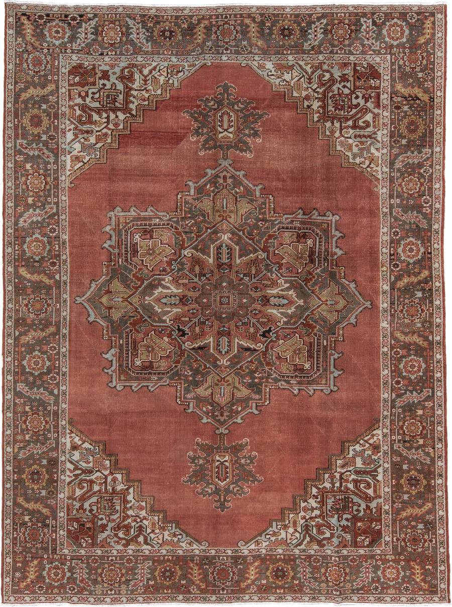 8' x 11' one-of-a-kind handmade antique Heriz large size rug. Color palette: terra cotta, ivory, charcoal, rust, sage, taupe