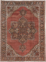 8' x 11' one-of-a-kind handmade antique Heriz large size rug. Color palette: terra cotta, ivory, charcoal, rust, sage, taupe
