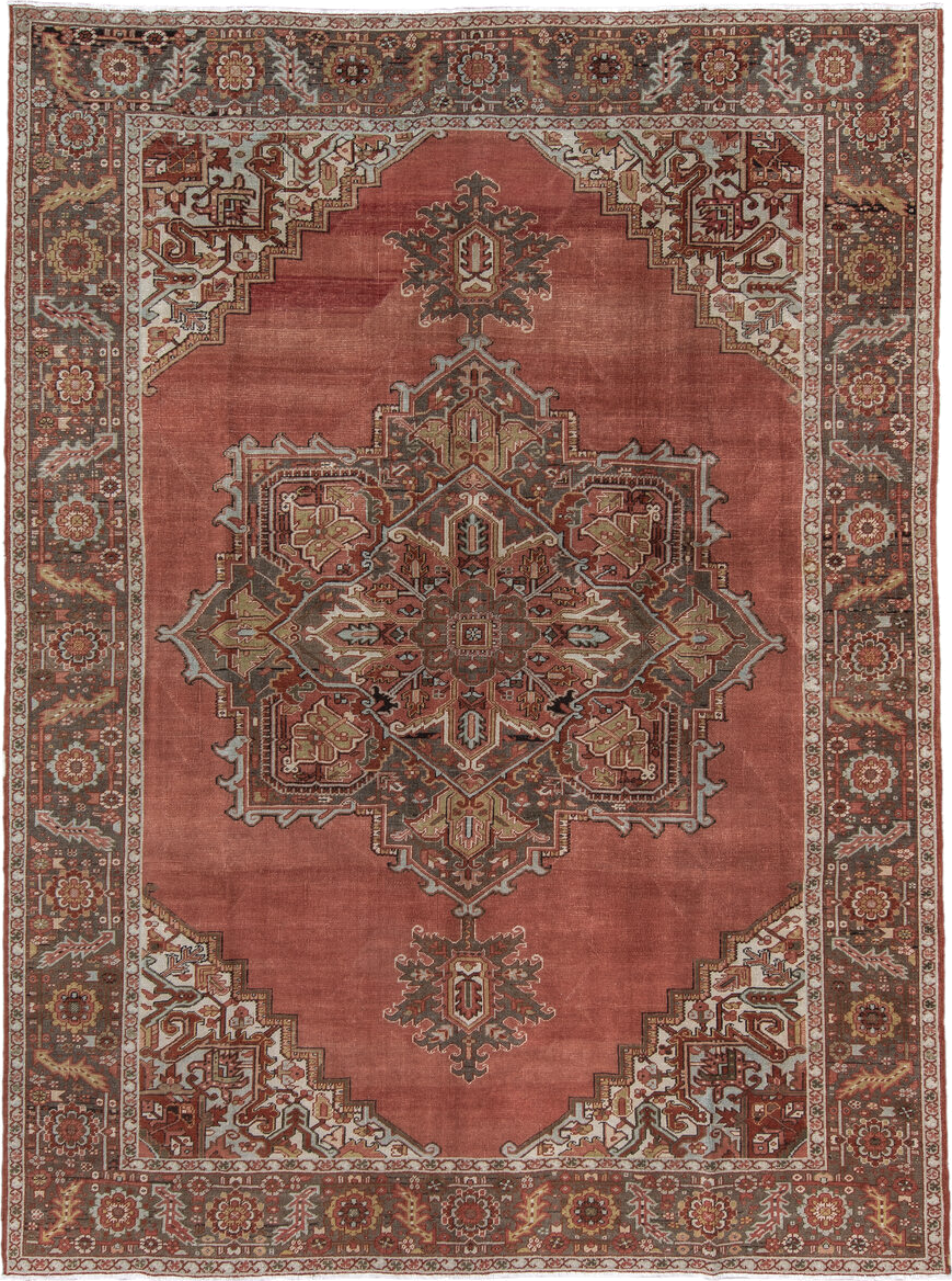 8' x 11' one-of-a-kind handmade antique Heriz large size rug. Color palette: terra cotta, ivory, charcoal, rust, sage, taupe