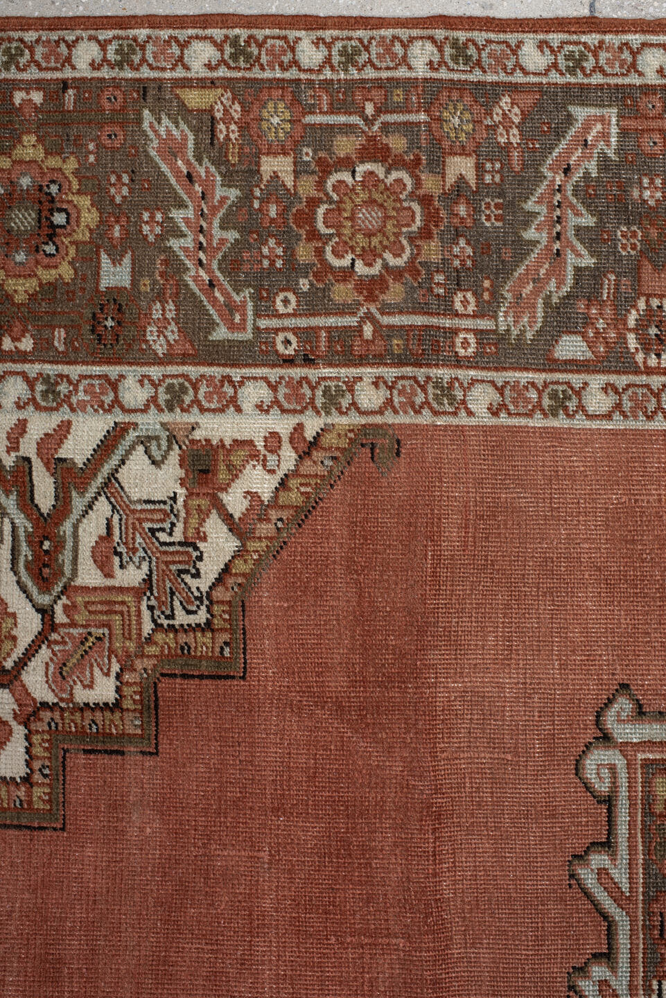 8' x 11' one-of-a-kind handmade antique Heriz large size rug. Color palette: terra cotta, ivory, charcoal, rust, sage, taupe