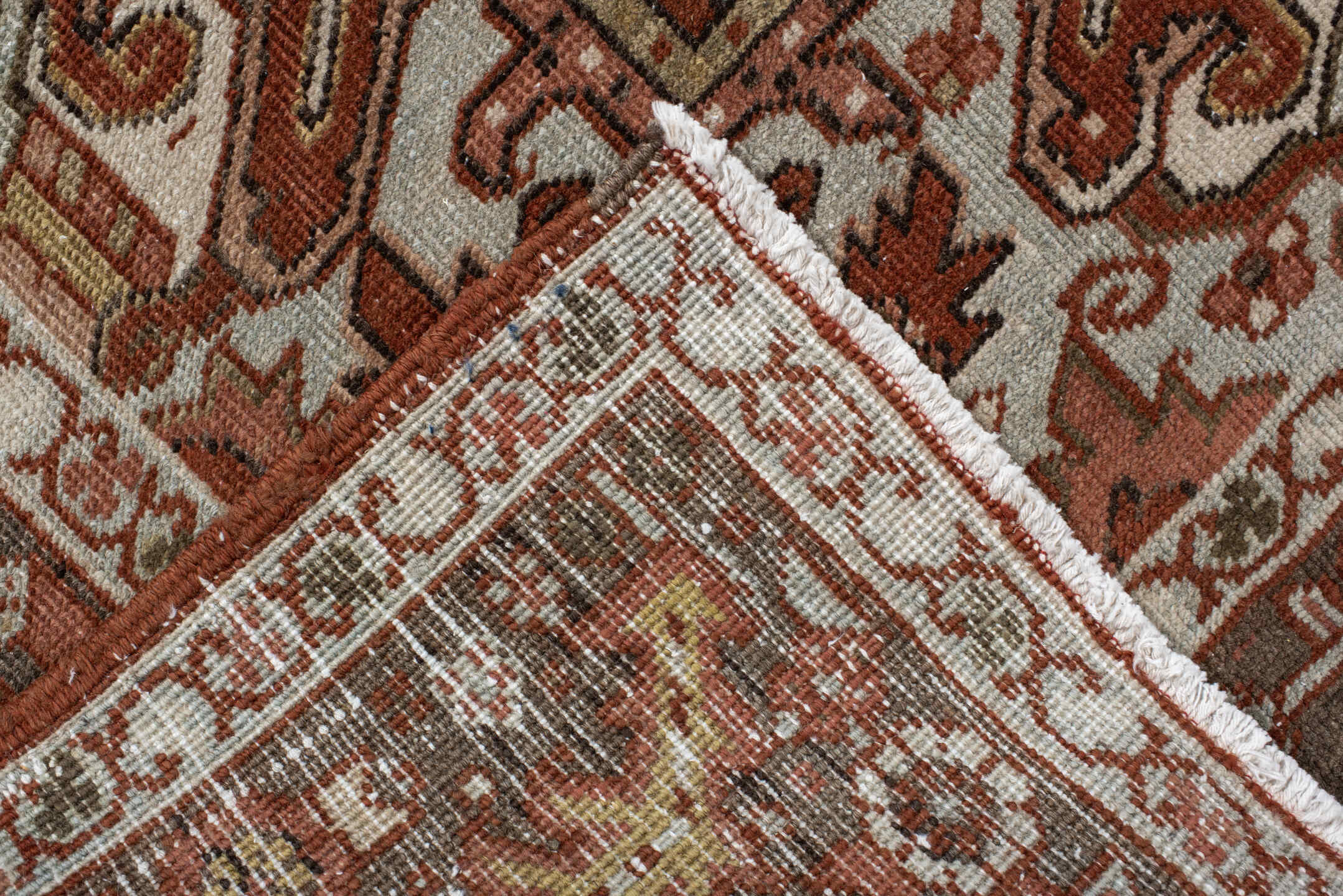8' x 11' one-of-a-kind handmade antique Heriz large size rug. Color palette: terra cotta, ivory, charcoal, rust, sage, taupe