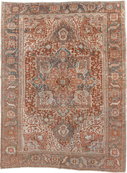 8' x 11' one-of-a-kind handmade antique Heriz large size rug. Color palette: rust, ivory, powder_blue, terra_cotta, camel