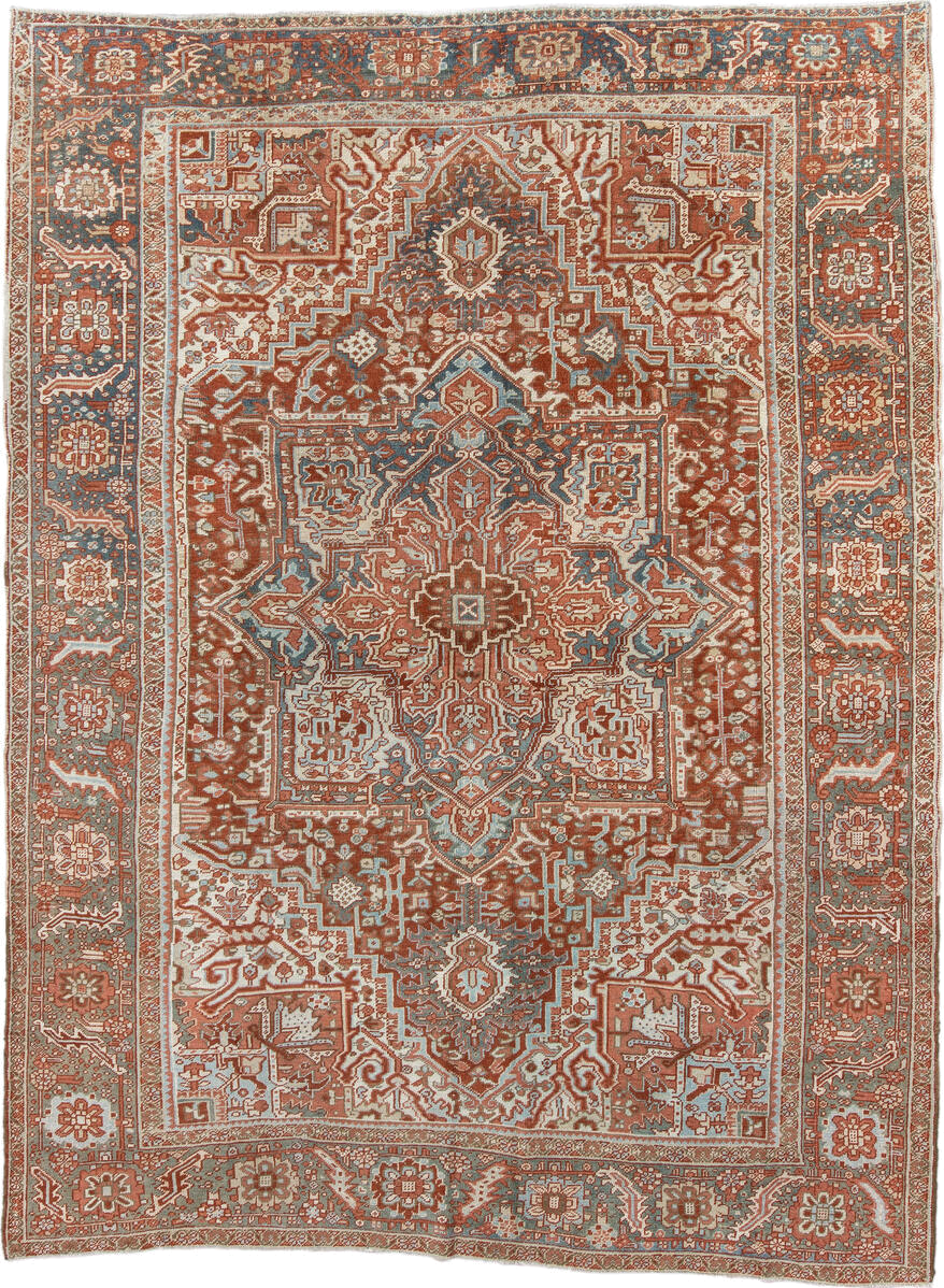 8' x 11' one-of-a-kind handmade antique Heriz large size rug. Color palette: rust, ivory, powder_blue, terra_cotta, camel