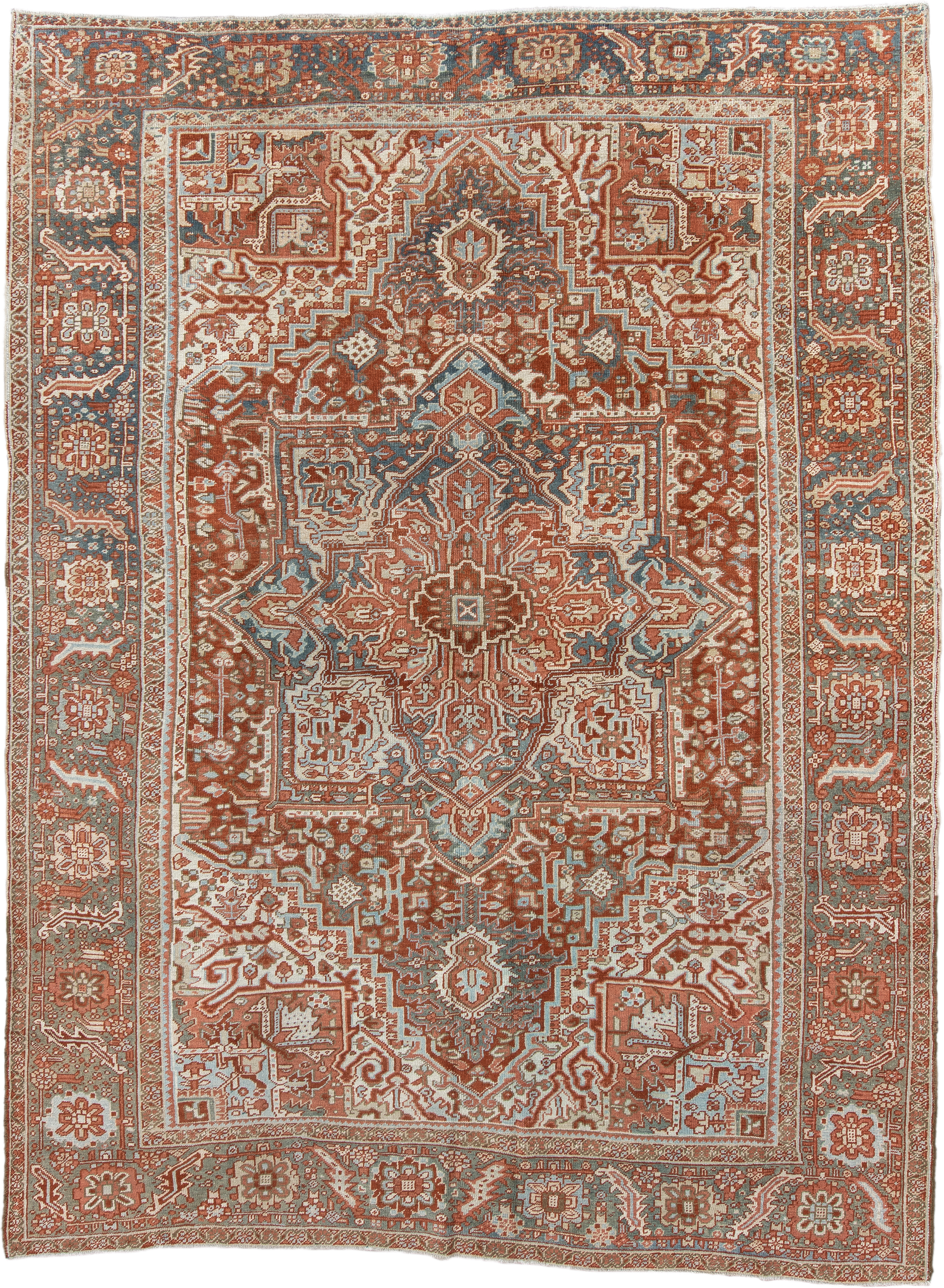 8' x 11' one-of-a-kind handmade antique Heriz large size rug. Color palette: rust, ivory, powder_blue, terra_cotta, camel
