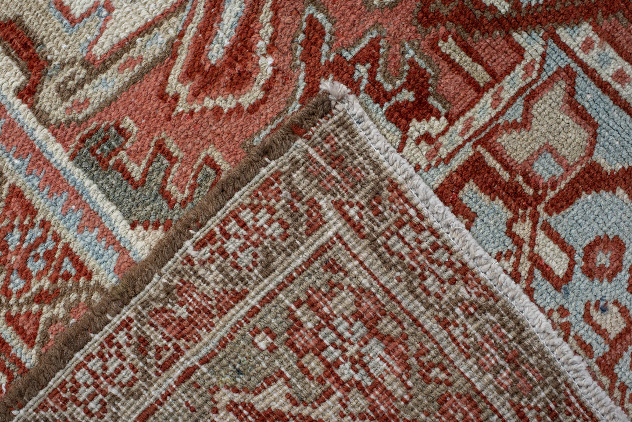 8' x 11' one-of-a-kind handmade antique Heriz large size rug. Color palette: rust, ivory, powder_blue, terra_cotta, camel