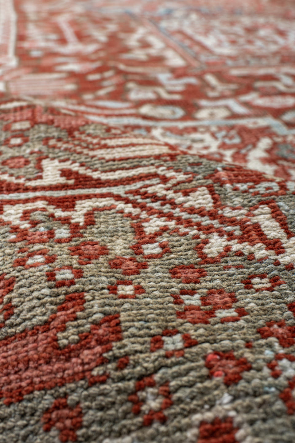 8' x 11' one-of-a-kind handmade antique Heriz large size rug. Color palette: rust, ivory, powder_blue, terra_cotta, camel