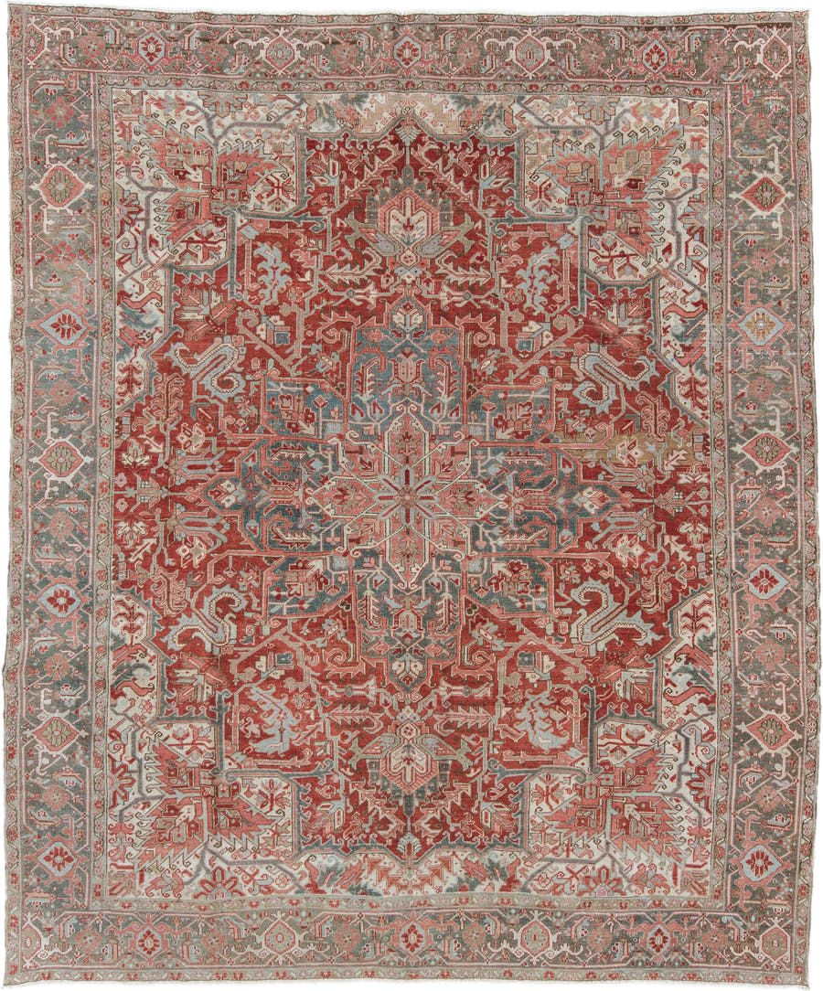 9' x 11' one-of-a-kind handmade vintage Heriz large size rug. Color palette: rust, ivory, slate, rose, taupe, sage