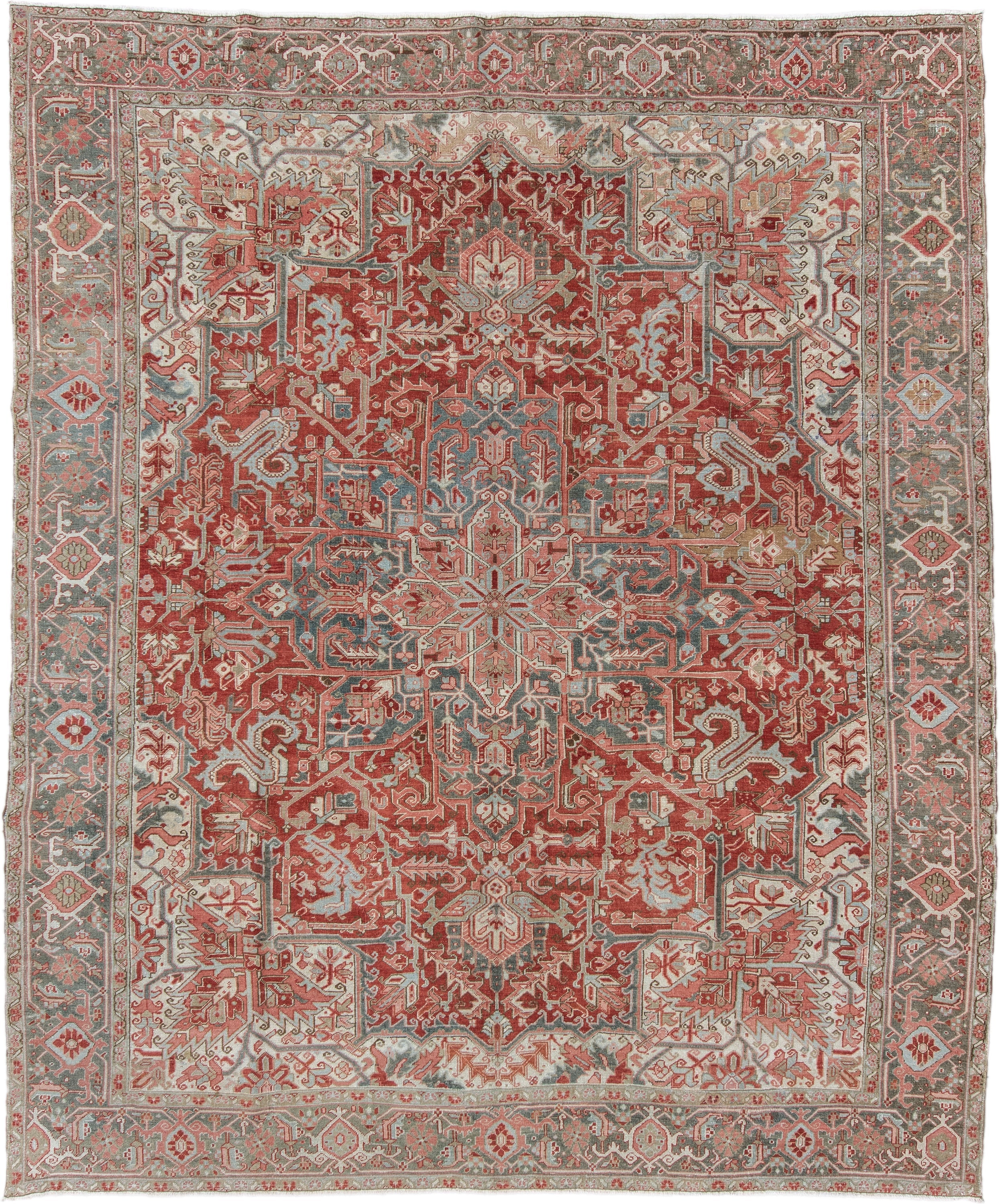 9' x 11' one-of-a-kind handmade vintage Heriz large size rug. Color palette: rust, ivory, slate, rose, taupe, sage