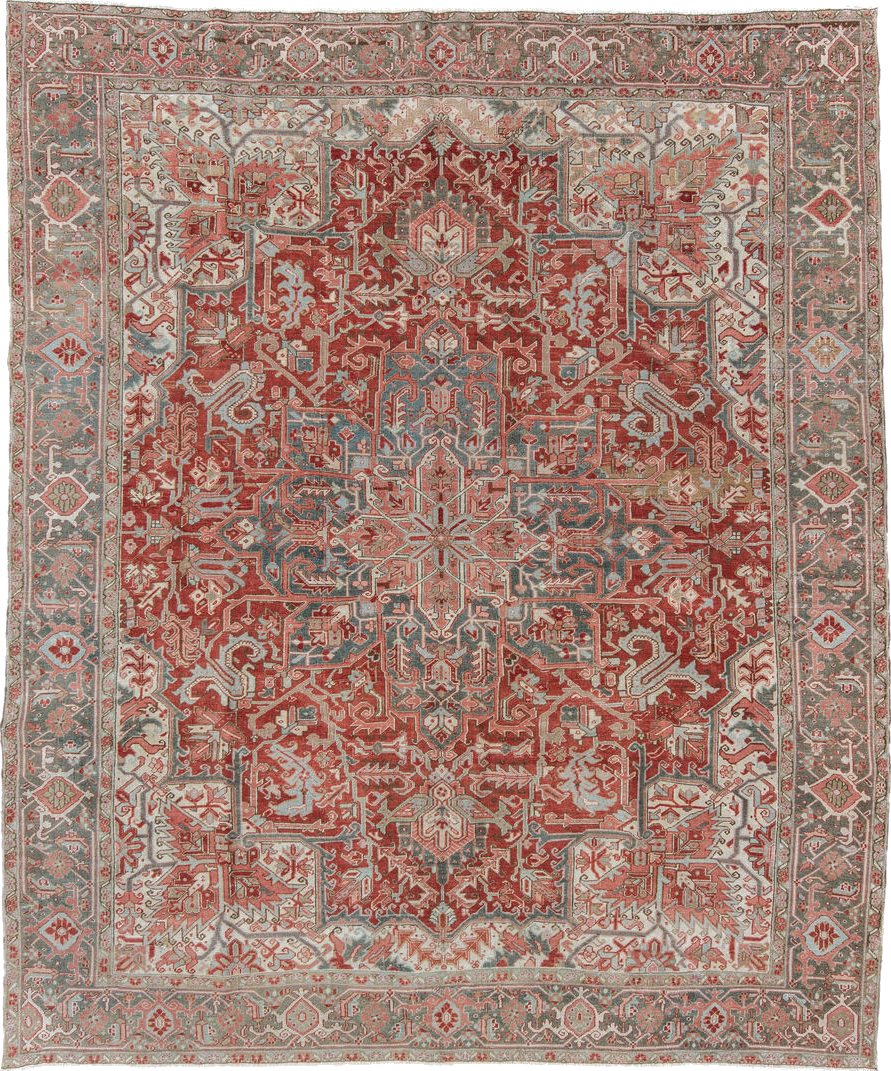 9' x 11' one-of-a-kind handmade vintage Heriz large size rug. Color palette: brown, gray, light gray, off-white, orange