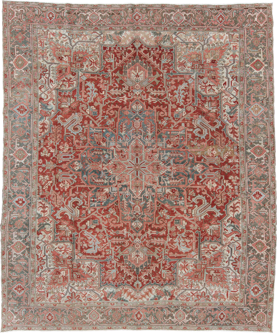 9' x 11' one-of-a-kind handmade vintage Heriz large size rug. Color palette: rust, ivory, slate, rose, taupe, sage