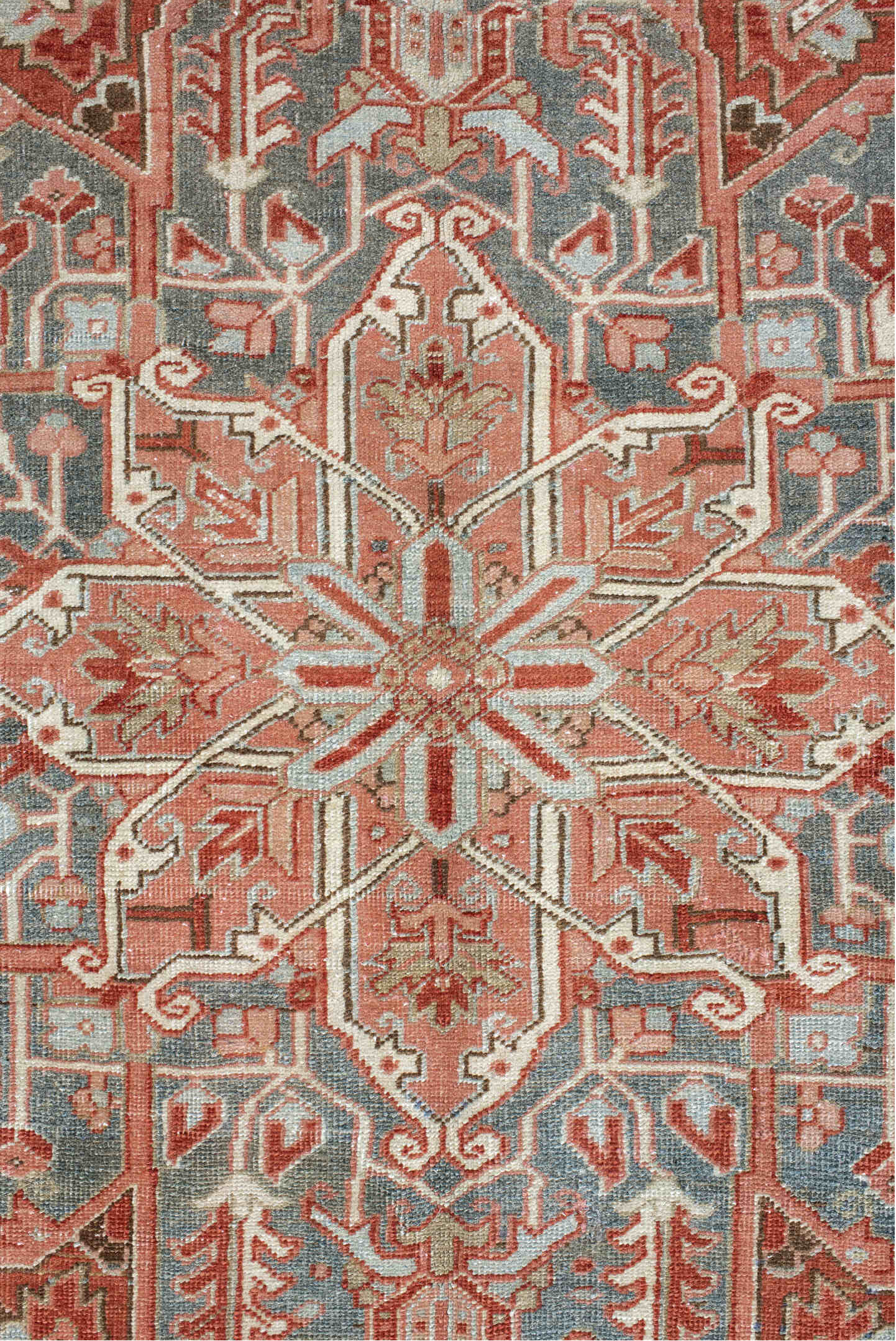 9' x 11' one-of-a-kind handmade vintage Heriz large size rug. Color palette: brown, gray, light gray, off-white, orange