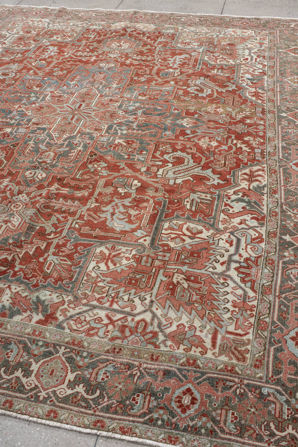 9' x 11' one-of-a-kind handmade vintage Heriz large size rug. Color palette: rust, ivory, slate, rose, taupe, sage