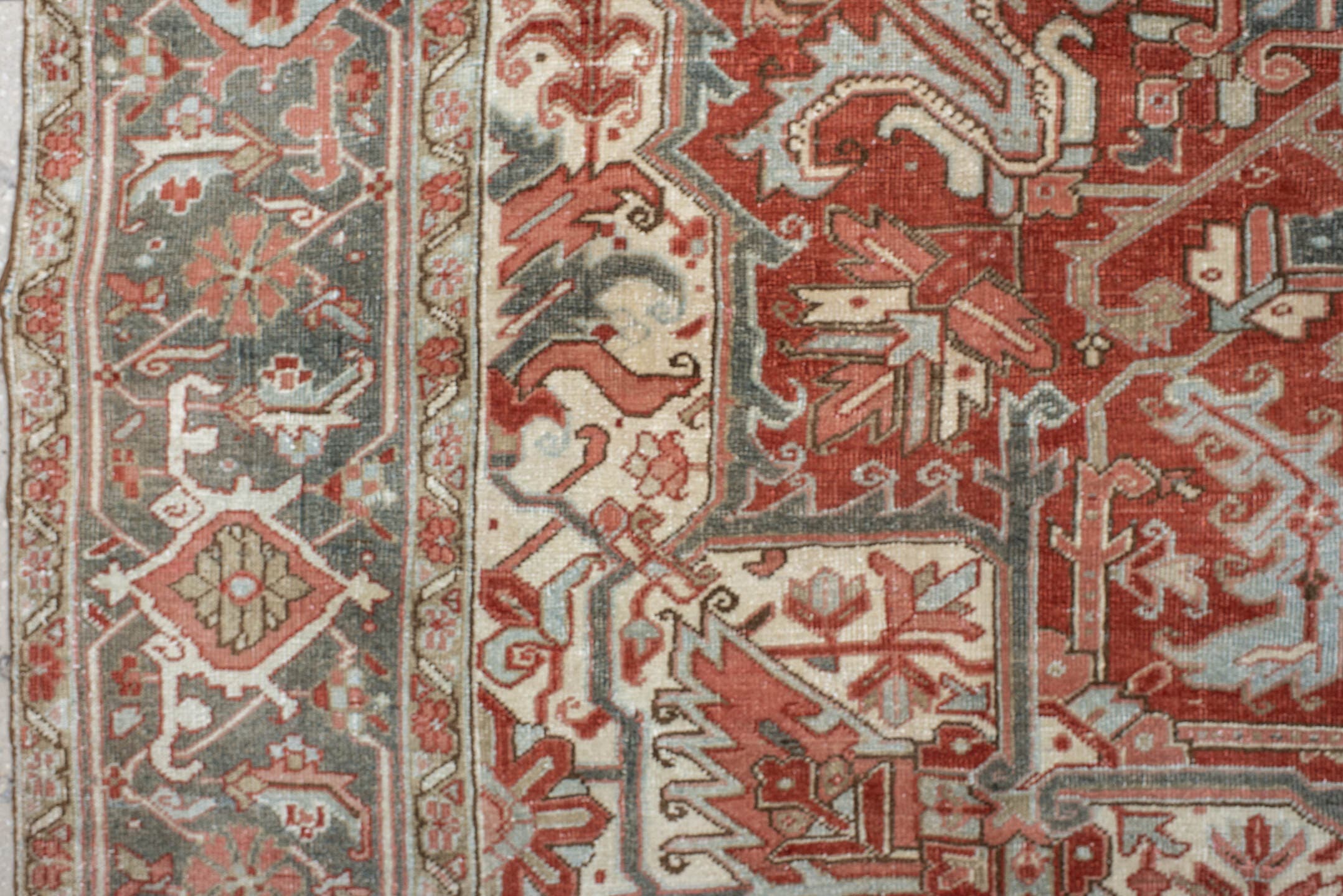 9' x 11' one-of-a-kind handmade vintage Heriz large size rug. Color palette: rust, ivory, slate, rose, taupe, sage