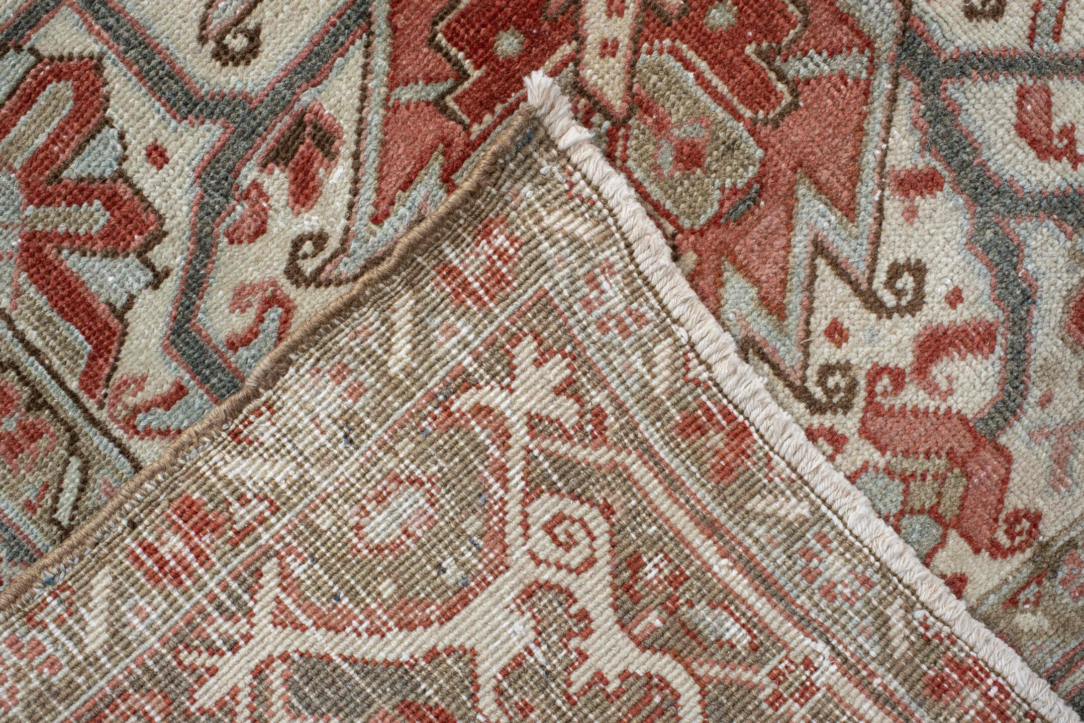 9' x 11' one-of-a-kind handmade vintage Heriz large size rug. Color palette: rust, ivory, slate, rose, taupe, sage