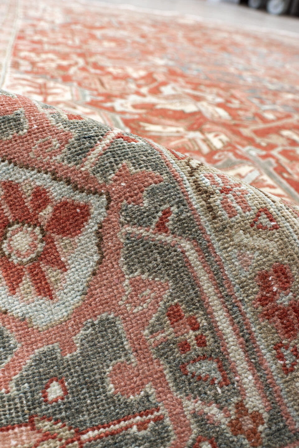 9' x 11' one-of-a-kind handmade vintage Heriz large size rug. Color palette: rust, ivory, slate, rose, taupe, sage