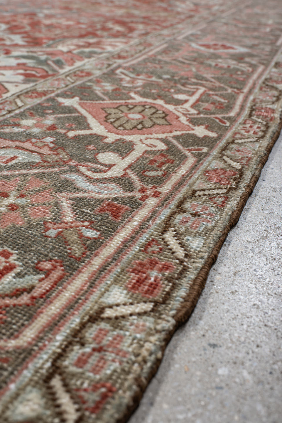 9' x 11' one-of-a-kind handmade vintage Heriz large size rug. Color palette: rust, ivory, slate, rose, taupe, sage