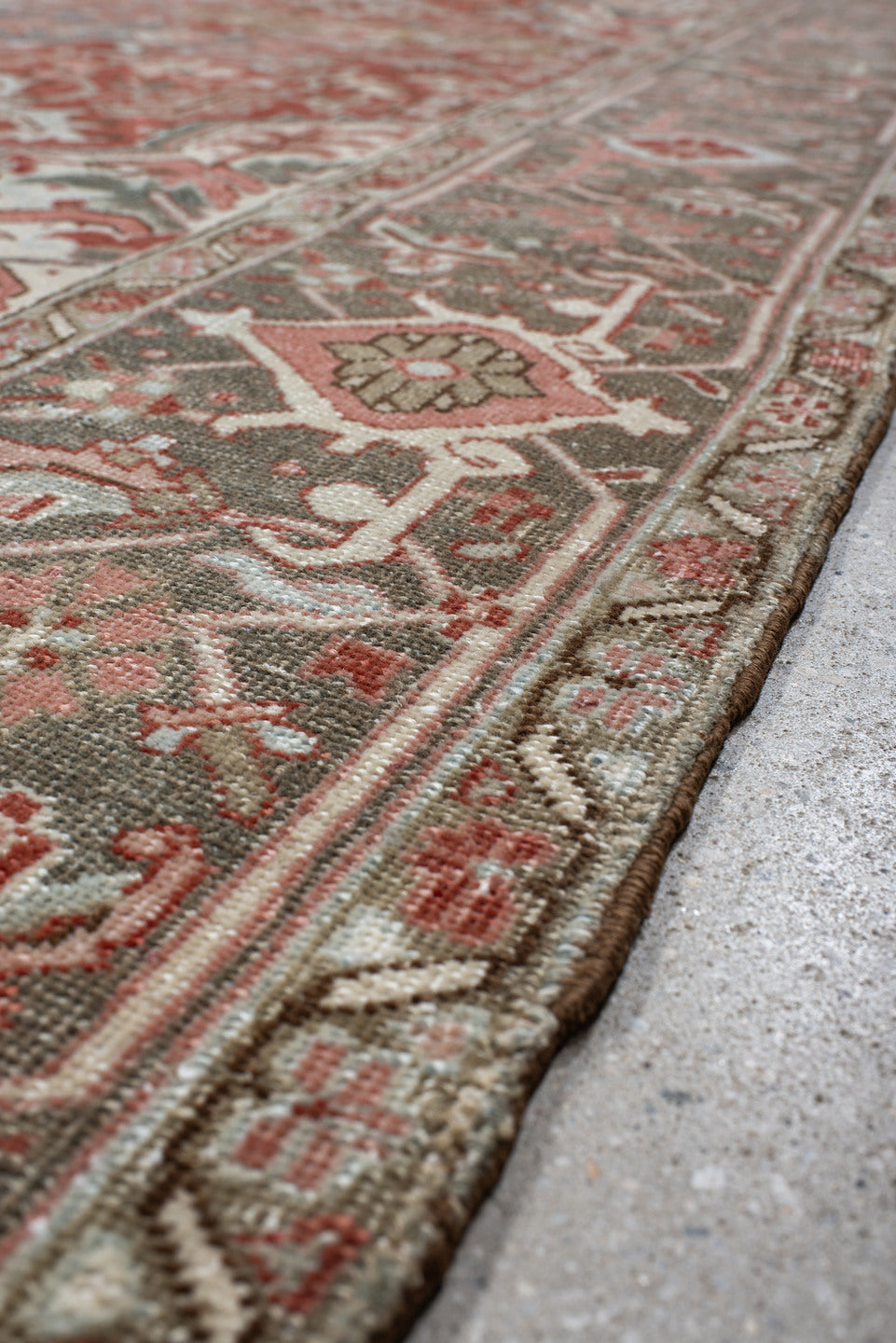 9' x 11' one-of-a-kind handmade vintage Heriz large size rug. Color palette: rust, ivory, slate, rose, taupe, sage
