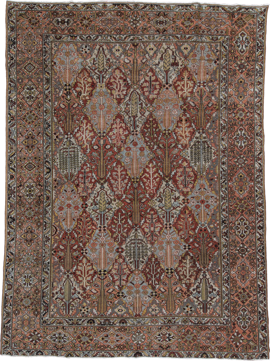 10' x 14' one-of-a-kind handmade vintage Baktiary large size rug. Color palette: rust, slate, ivory, rose, taupe, gold